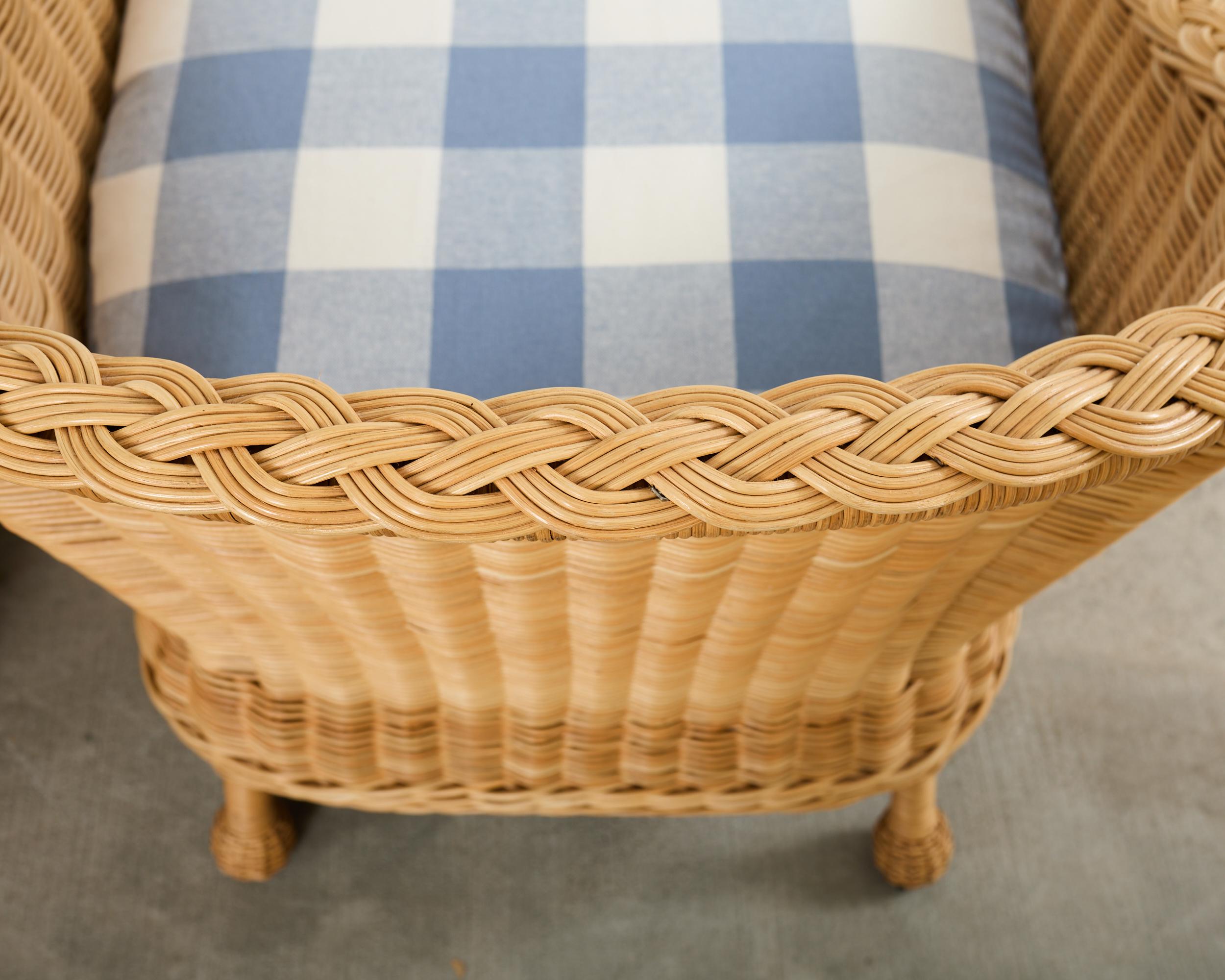 Pair of McGuire Rattan Wicker Lounge Chairs and Ottoman For Sale 4