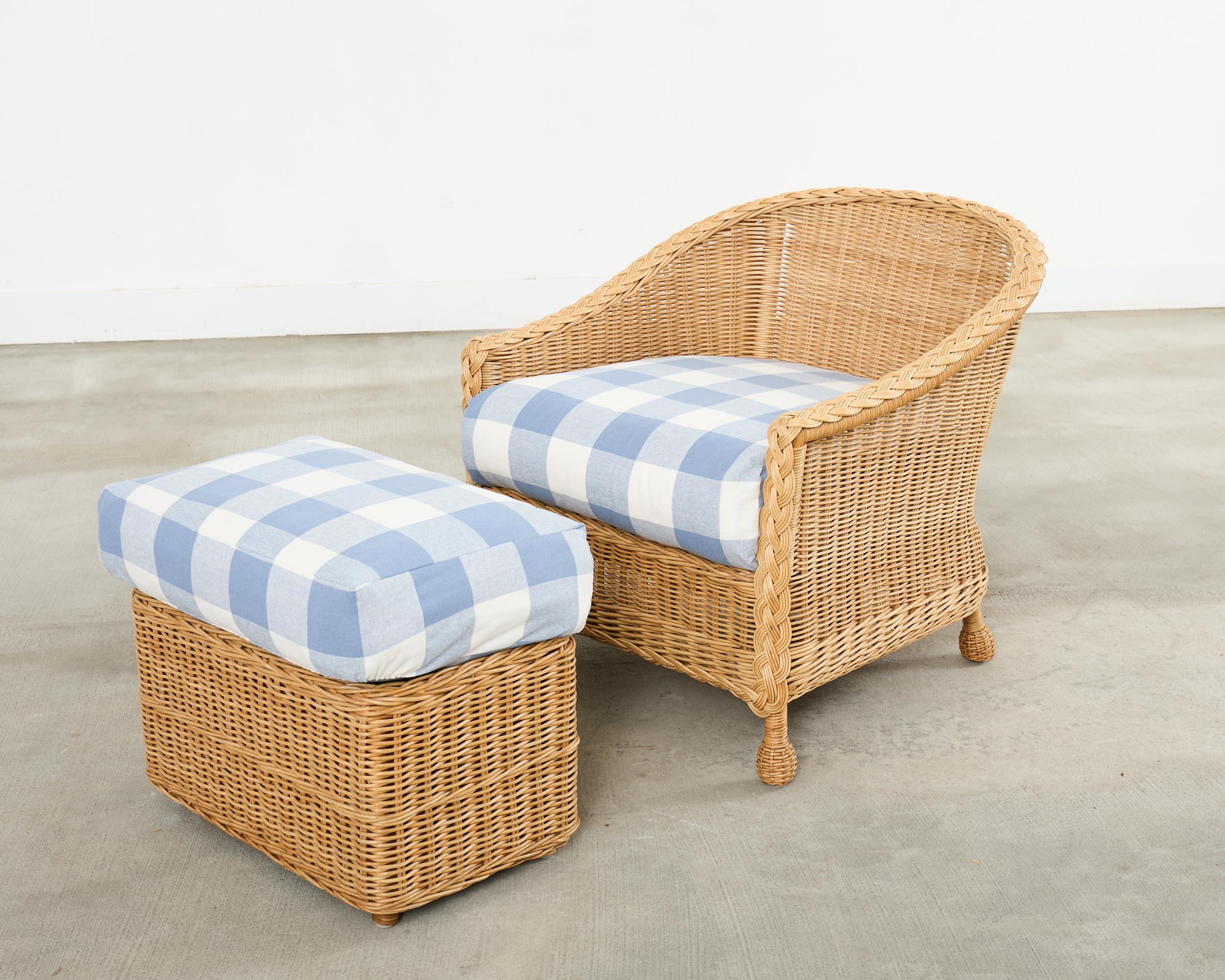 Pair of McGuire Rattan Wicker Lounge Chairs and Ottoman For Sale 5