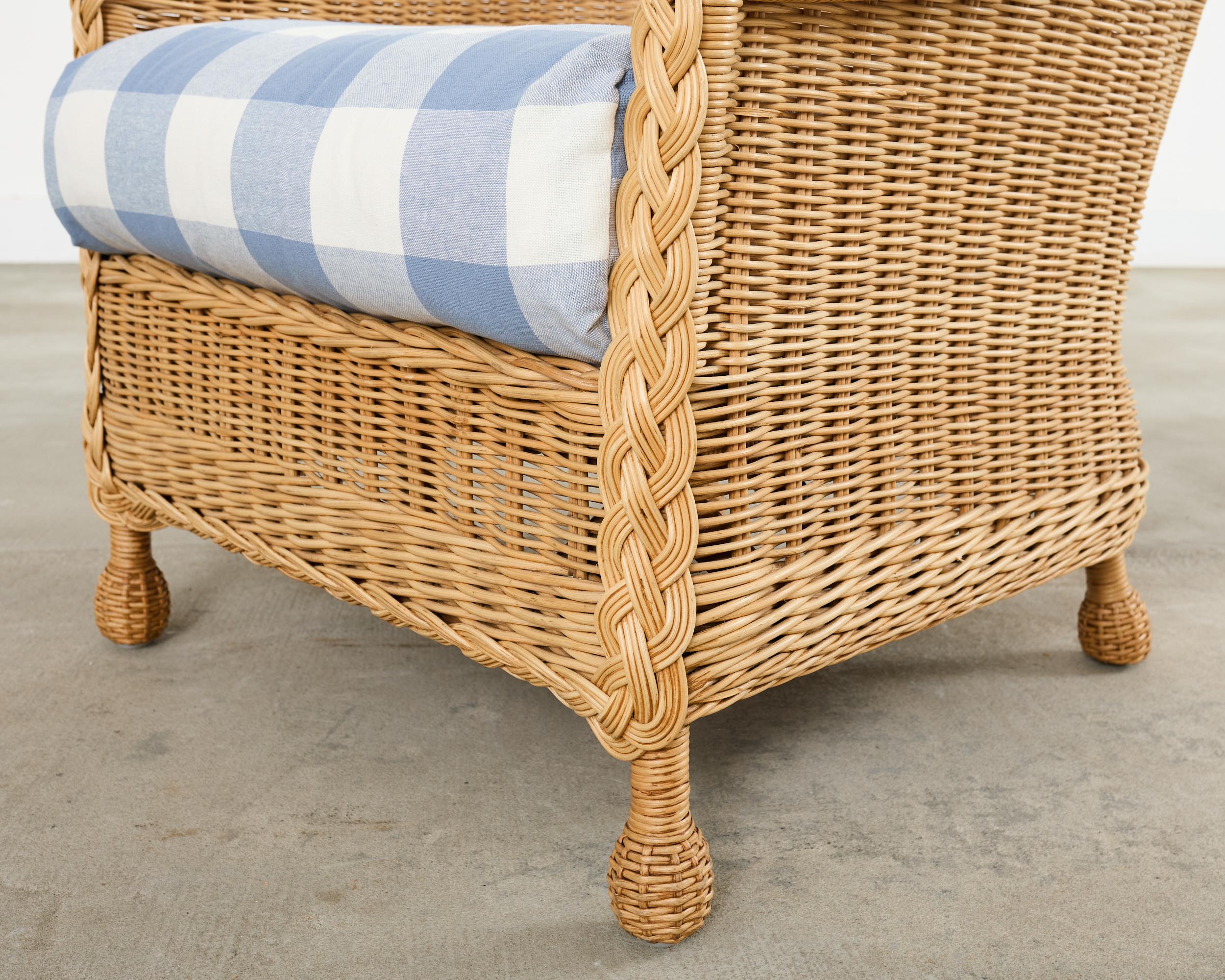 Pair of McGuire Rattan Wicker Lounge Chairs and Ottoman For Sale 6