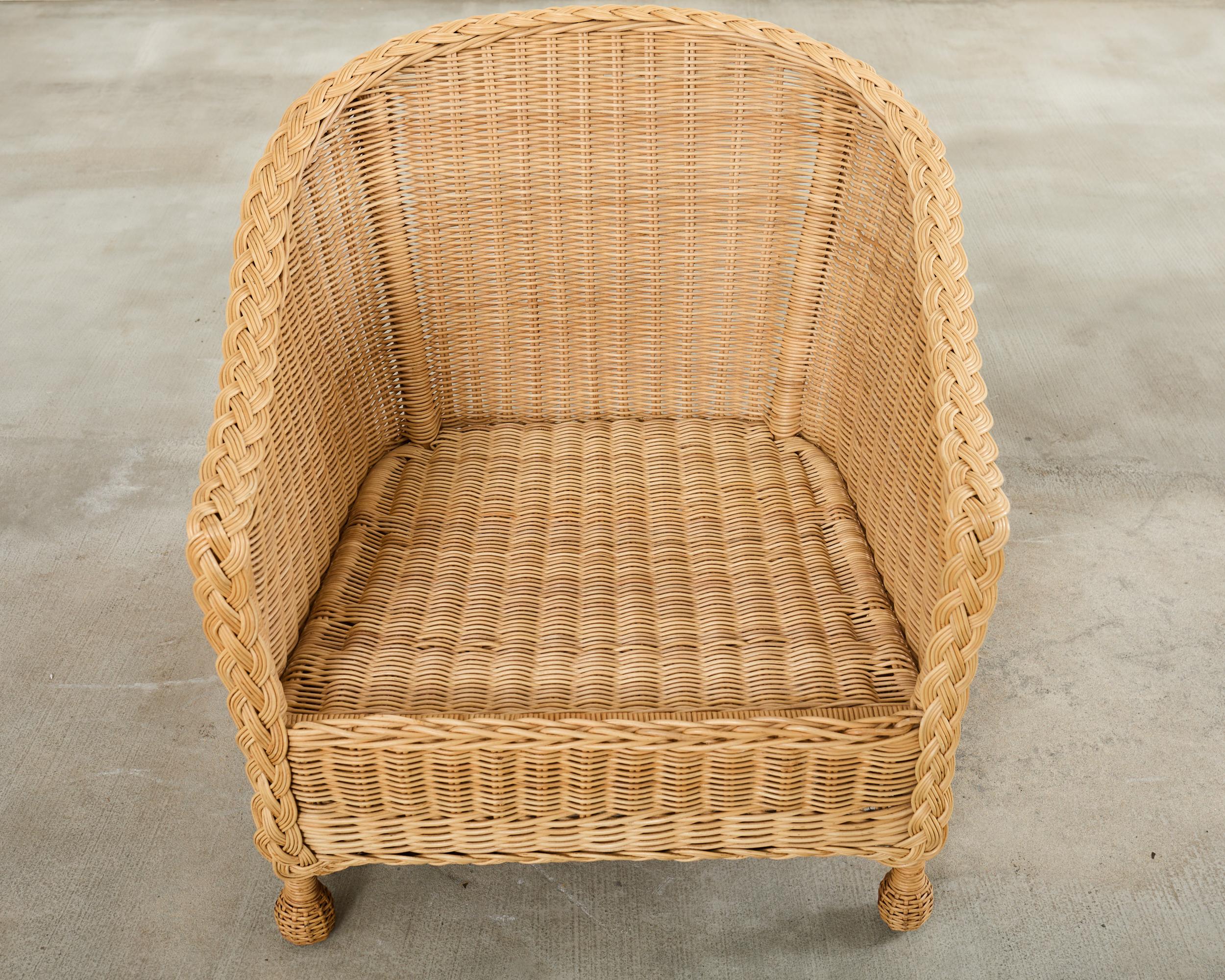 Pair of McGuire Rattan Wicker Lounge Chairs and Ottoman For Sale 9