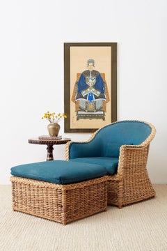 Pair of McGuire Rattan Wicker Lounge Chairs and Ottoman