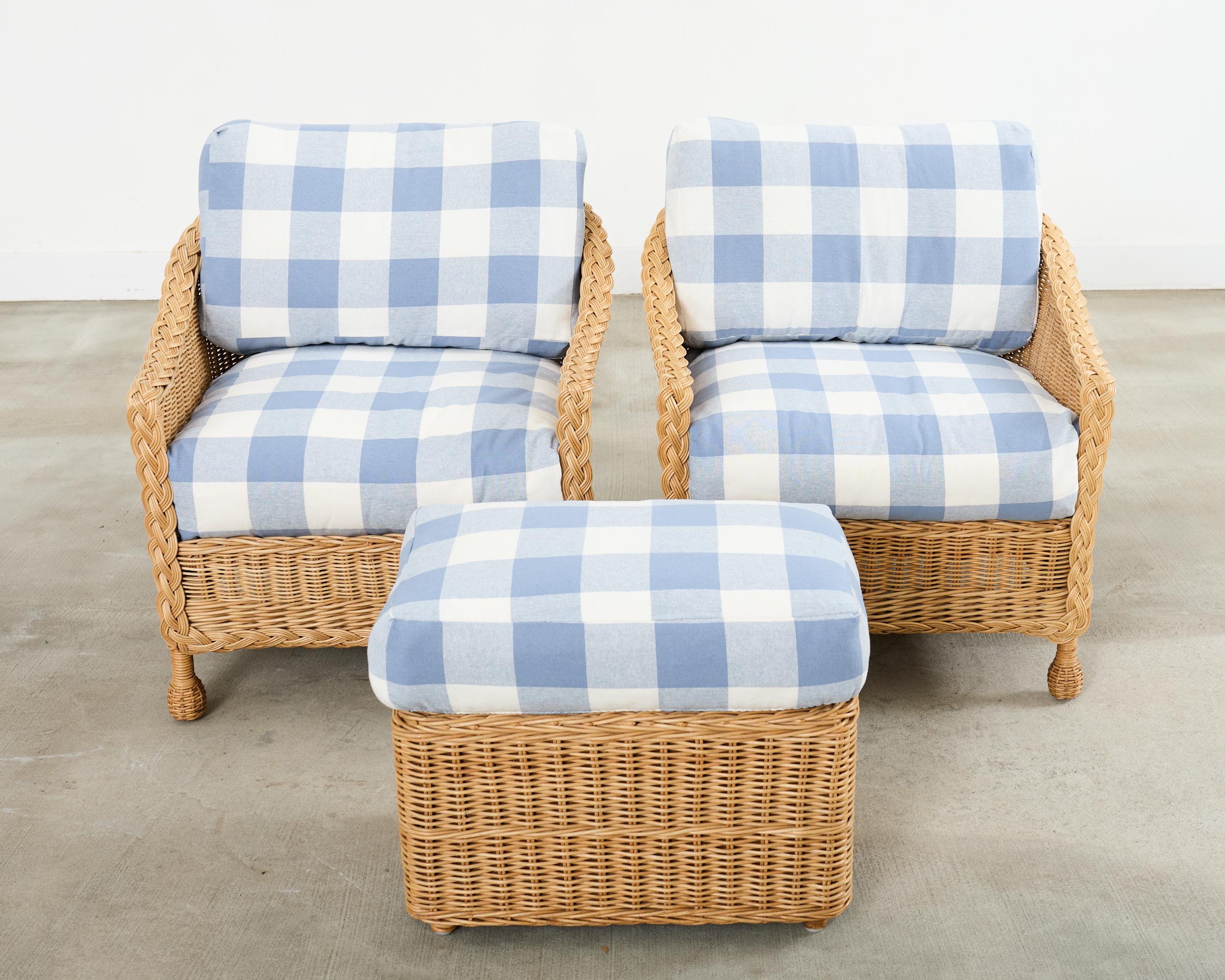 Organic Modern Pair of McGuire Rattan Wicker Lounge Chairs and Ottoman For Sale