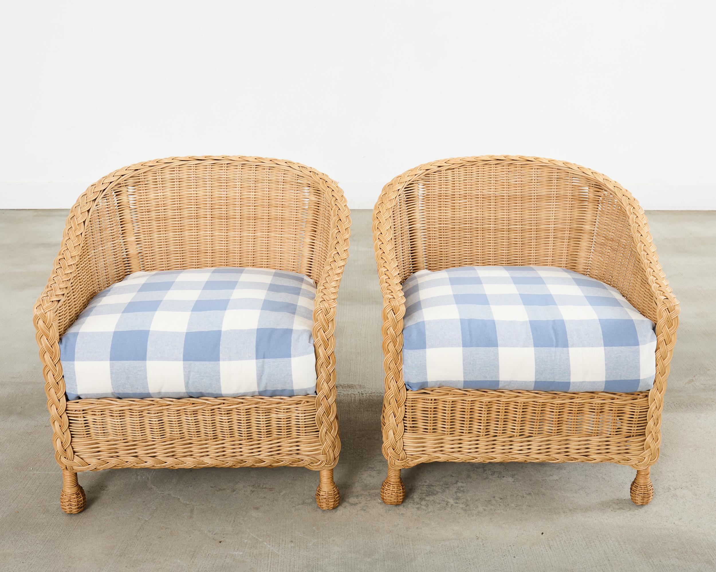 American Pair of McGuire Rattan Wicker Lounge Chairs and Ottoman For Sale