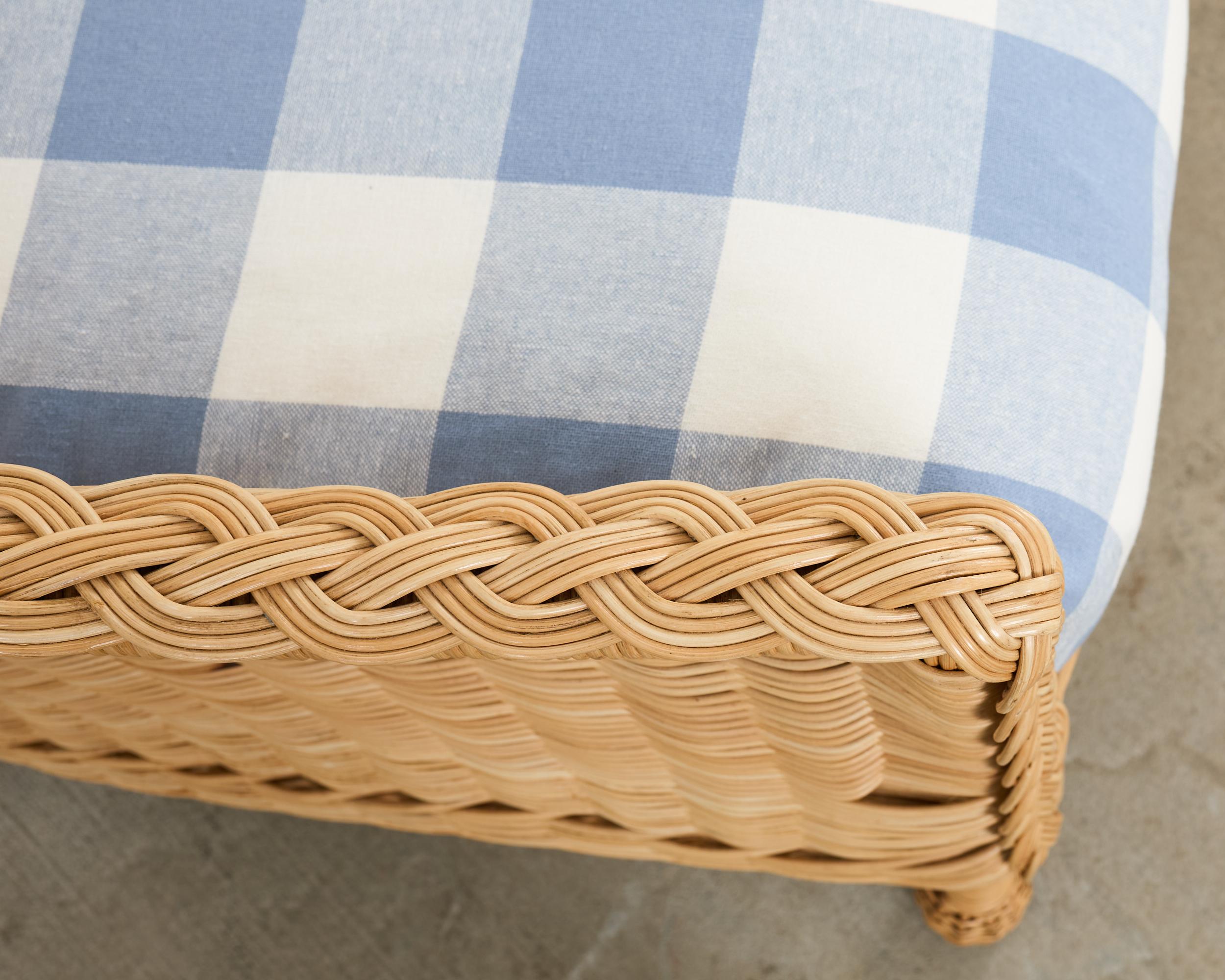 Hand-Crafted Pair of McGuire Rattan Wicker Lounge Chairs and Ottoman For Sale