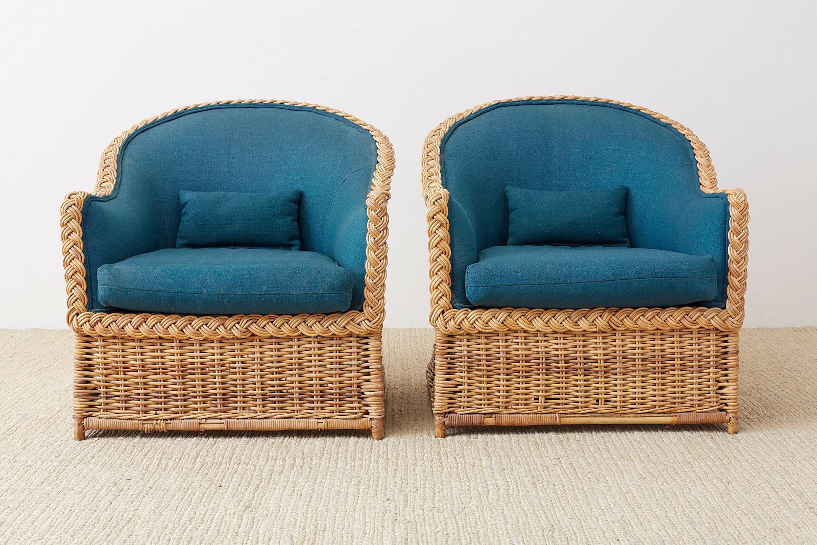 Pair of McGuire Rattan Wicker Lounge Chairs and Ottoman In Good Condition In Rio Vista, CA
