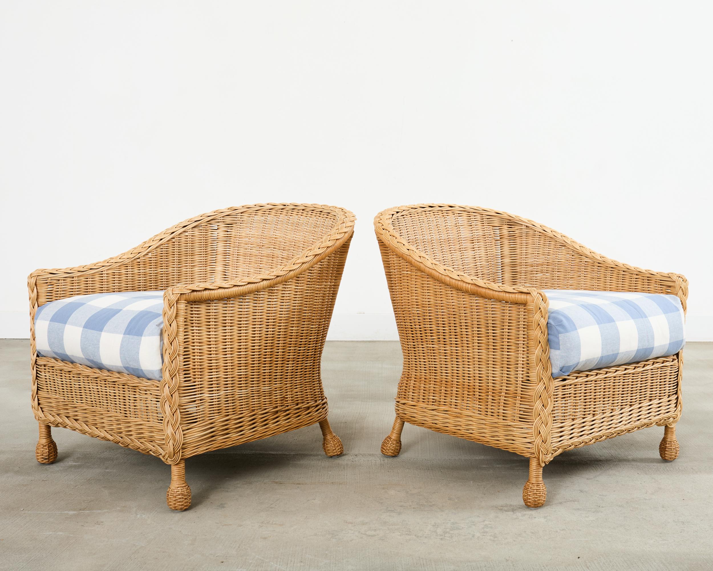 Pair of McGuire Rattan Wicker Lounge Chairs and Ottoman In Good Condition For Sale In Rio Vista, CA