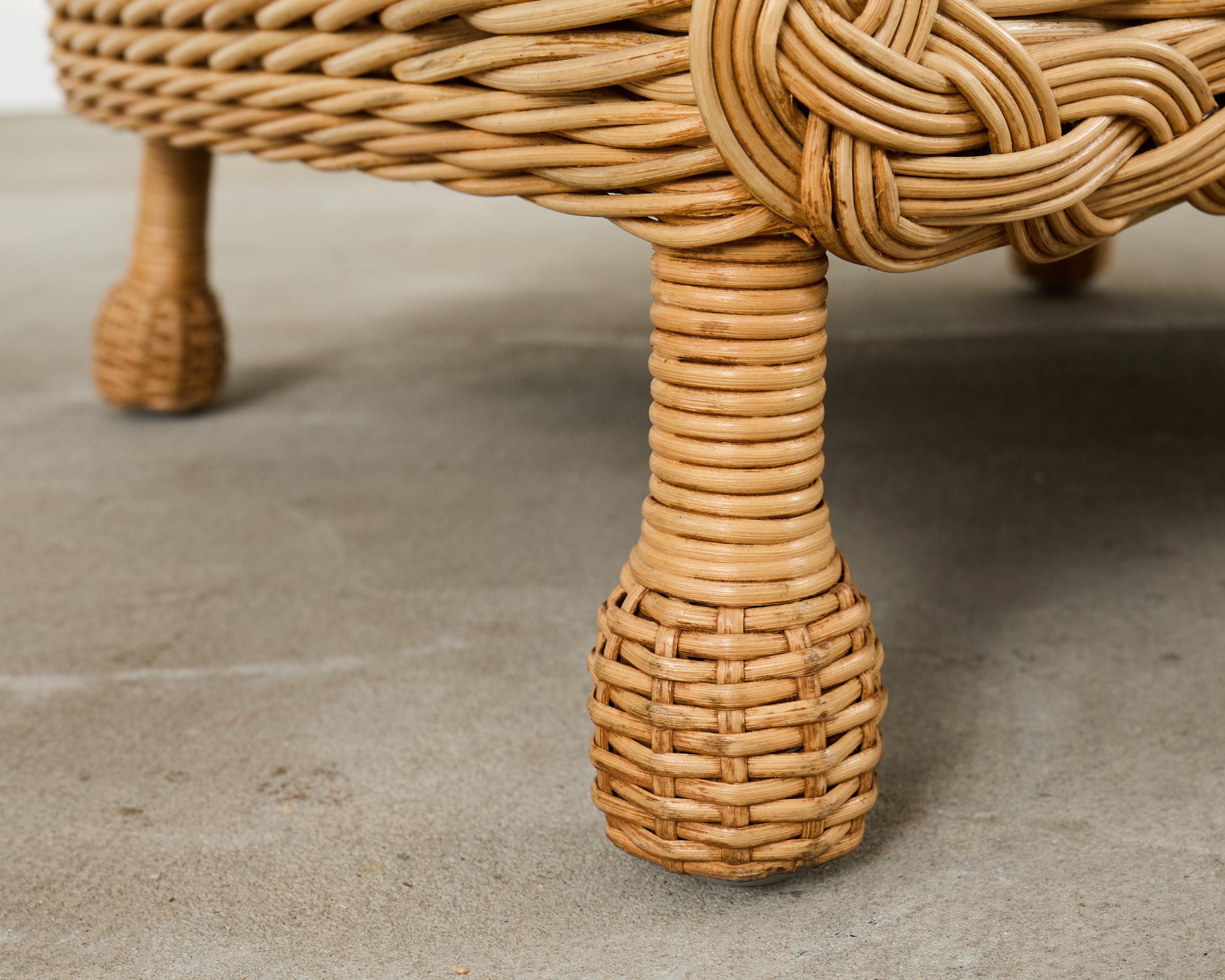 20th Century Pair of McGuire Rattan Wicker Lounge Chairs and Ottoman For Sale