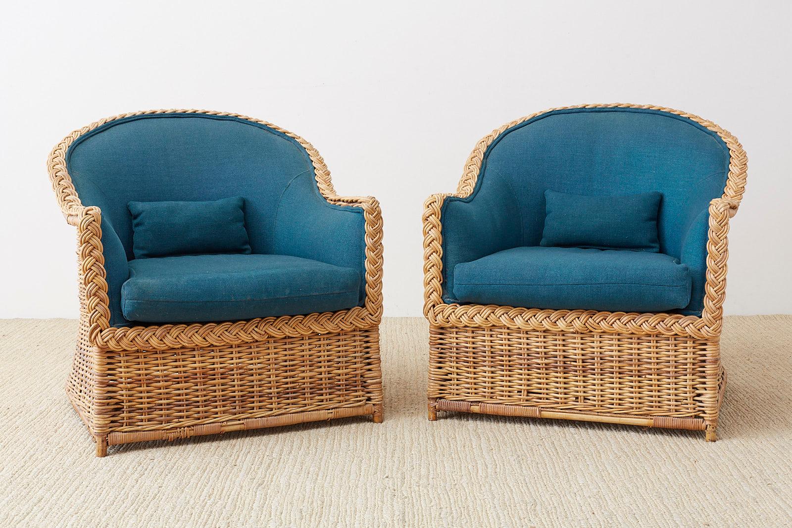 Fabric Pair of McGuire Rattan Wicker Lounge Chairs and Ottoman