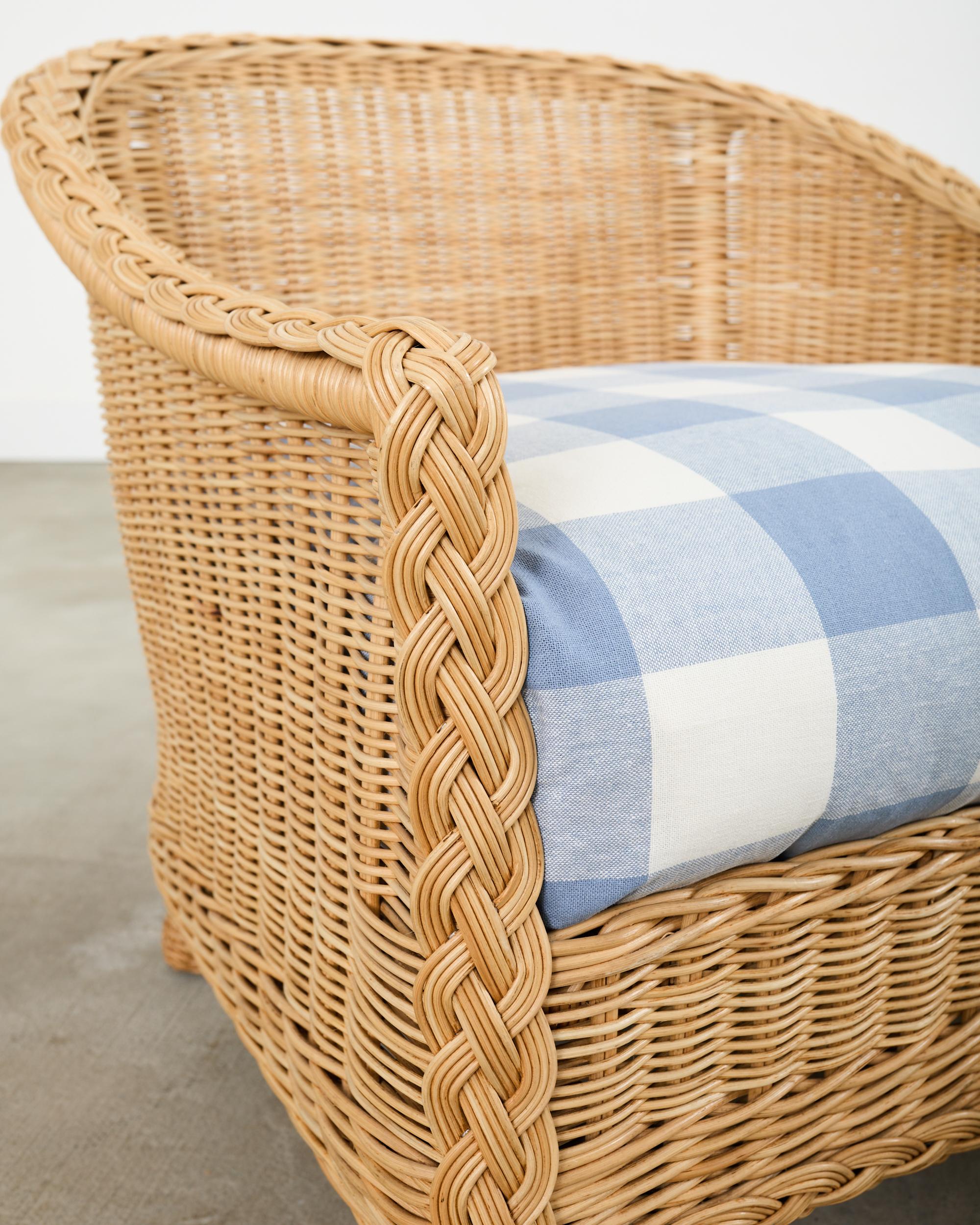 Fabric Pair of McGuire Rattan Wicker Lounge Chairs and Ottoman For Sale