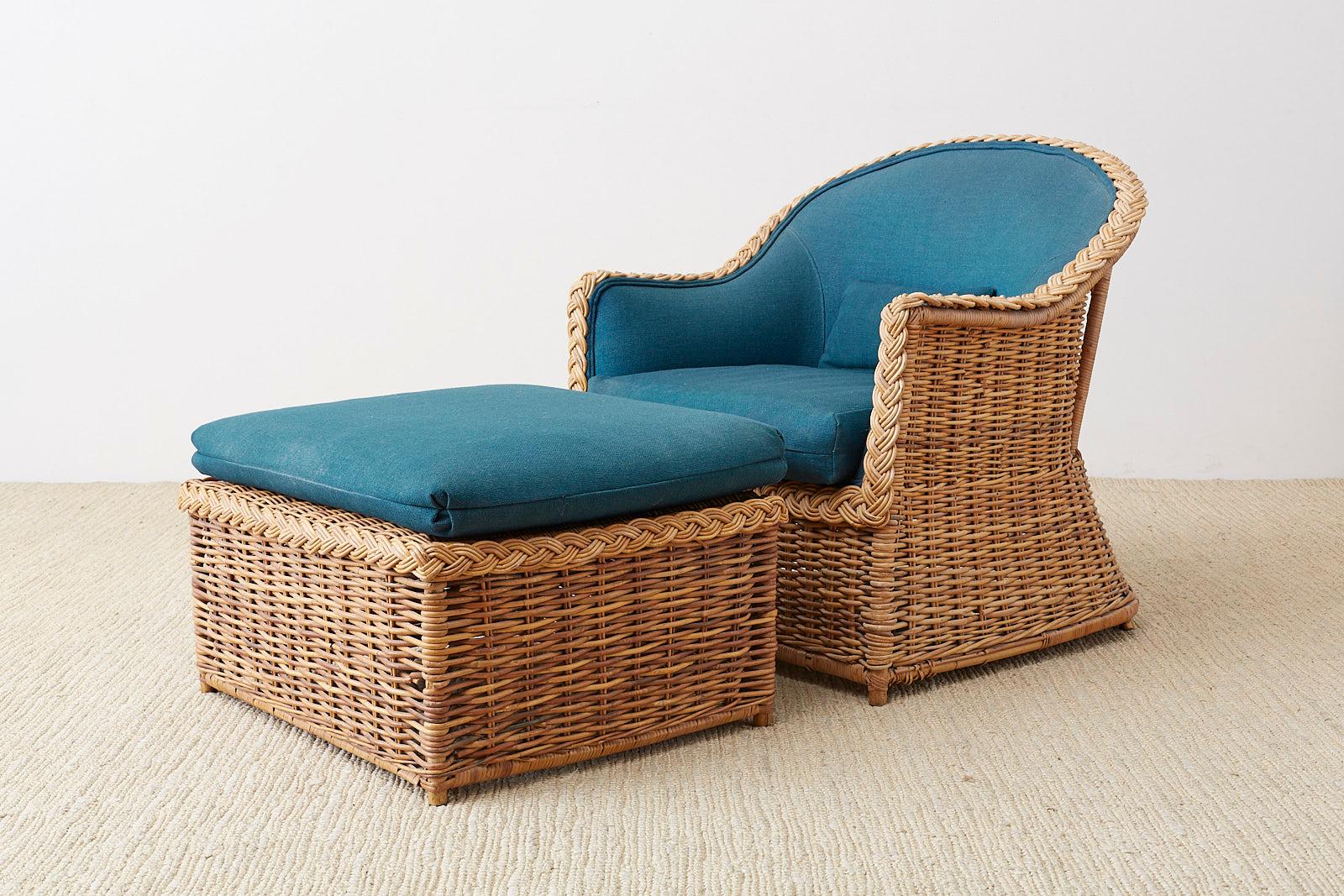 Pair of McGuire Rattan Wicker Lounge Chairs and Ottoman 1