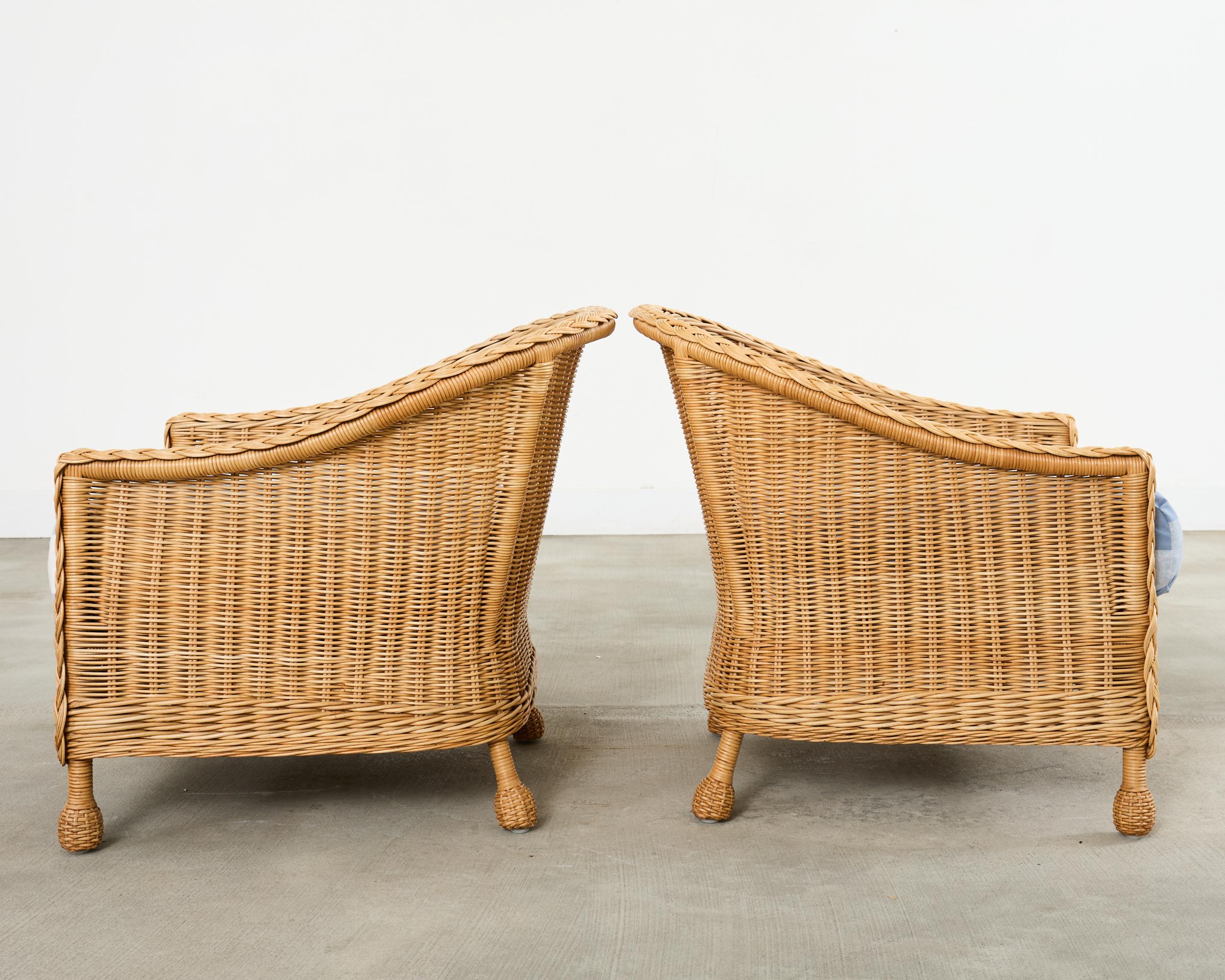 Pair of McGuire Rattan Wicker Lounge Chairs and Ottoman For Sale 1