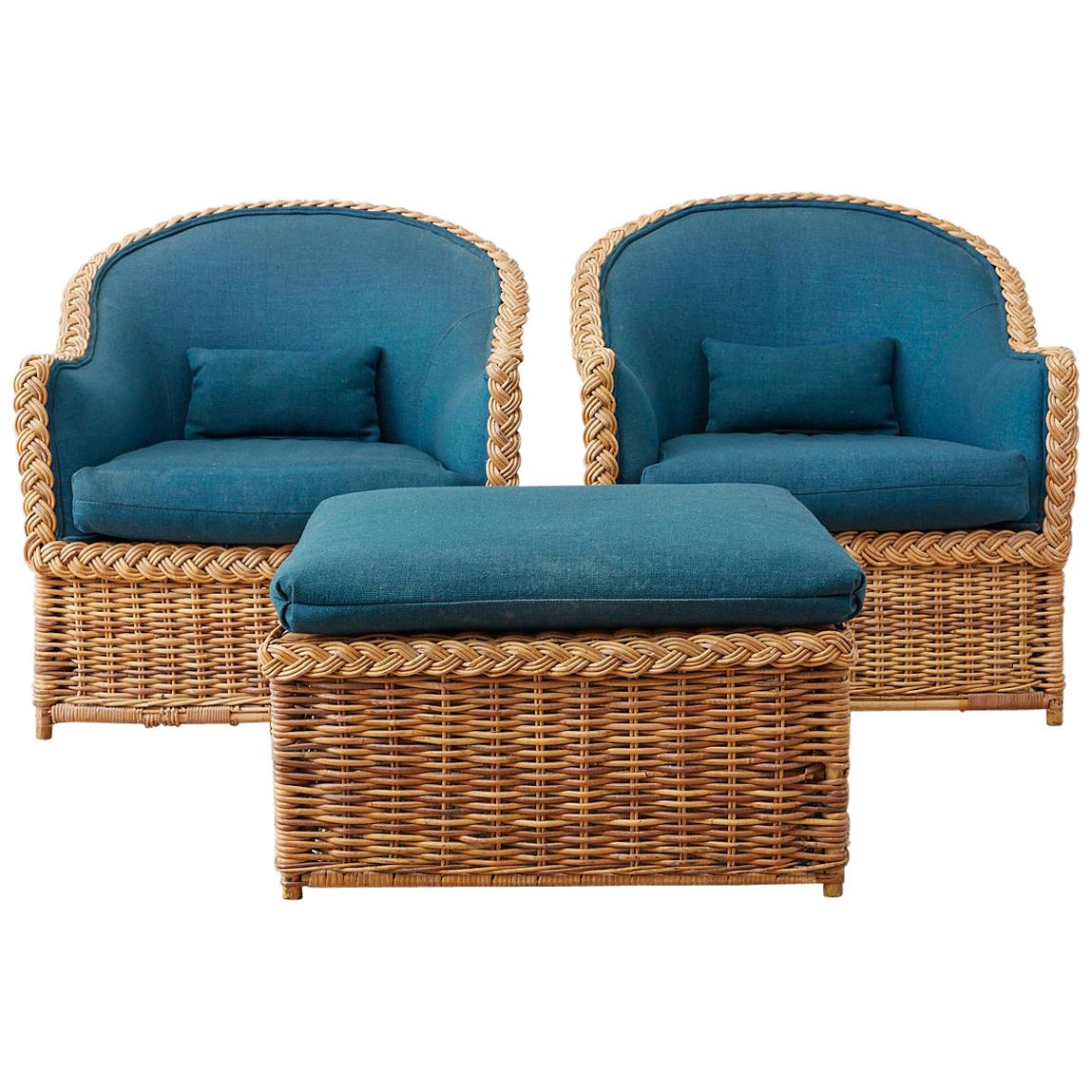 Pair of McGuire Rattan Wicker Lounge Chairs and Ottoman