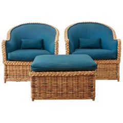 Pair of McGuire Rattan Wicker Lounge Chairs and Ottoman