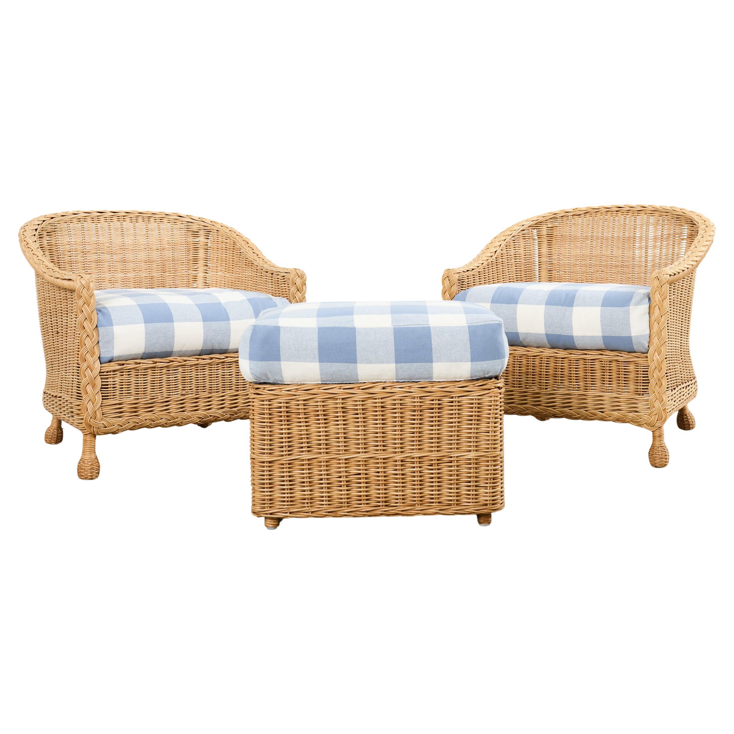 Pair of McGuire Rattan Wicker Lounge Chairs and Ottoman For Sale