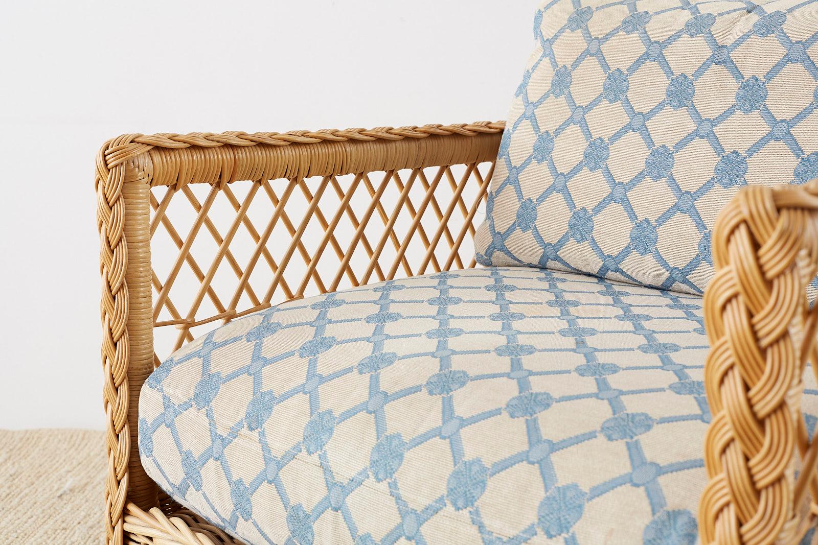 Pair of McGuire Rattan Wicker Lounge Chairs with Ottoman at 1stDibs