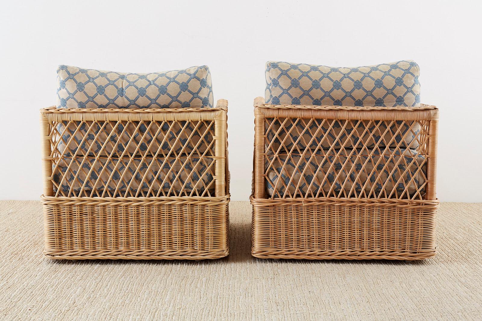 Pair of McGuire Rattan Wicker Lounge Chairs with Ottoman 4