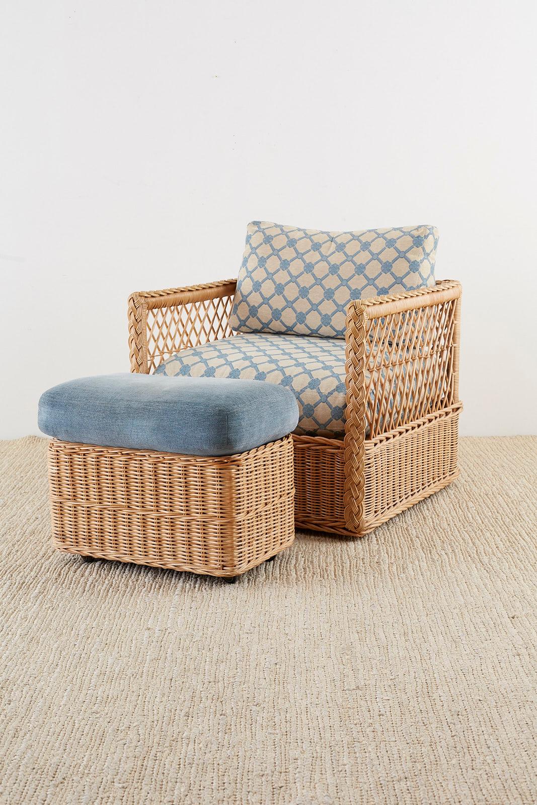 Pair of McGuire Rattan Wicker Lounge Chairs with Ottoman 5