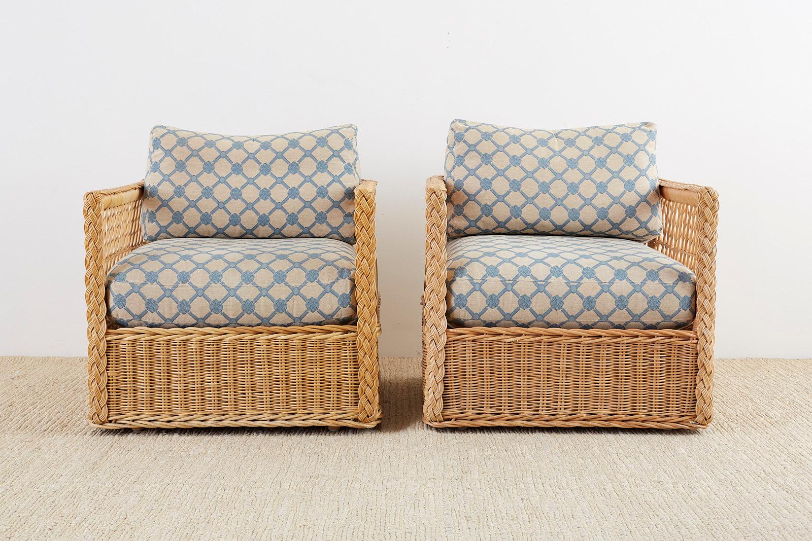 Pair of McGuire Rattan Wicker Lounge Chairs with Ottoman at 1stDibs