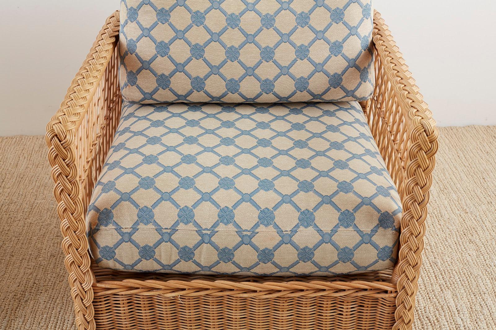 Pair of McGuire Rattan Wicker Lounge Chairs with Ottoman at 1stDibs