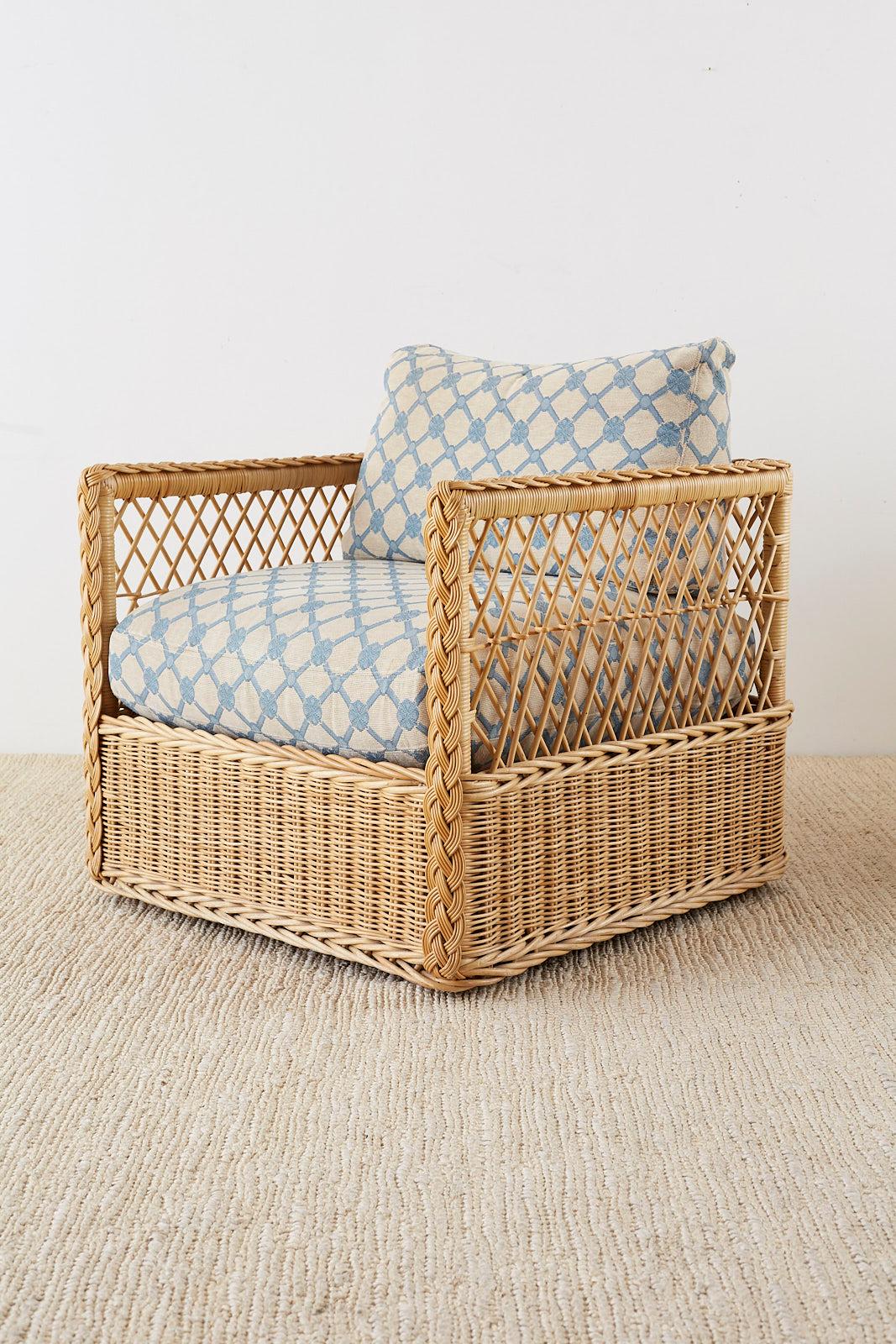 Pair of McGuire Rattan Wicker Lounge Chairs with Ottoman at 1stDibs