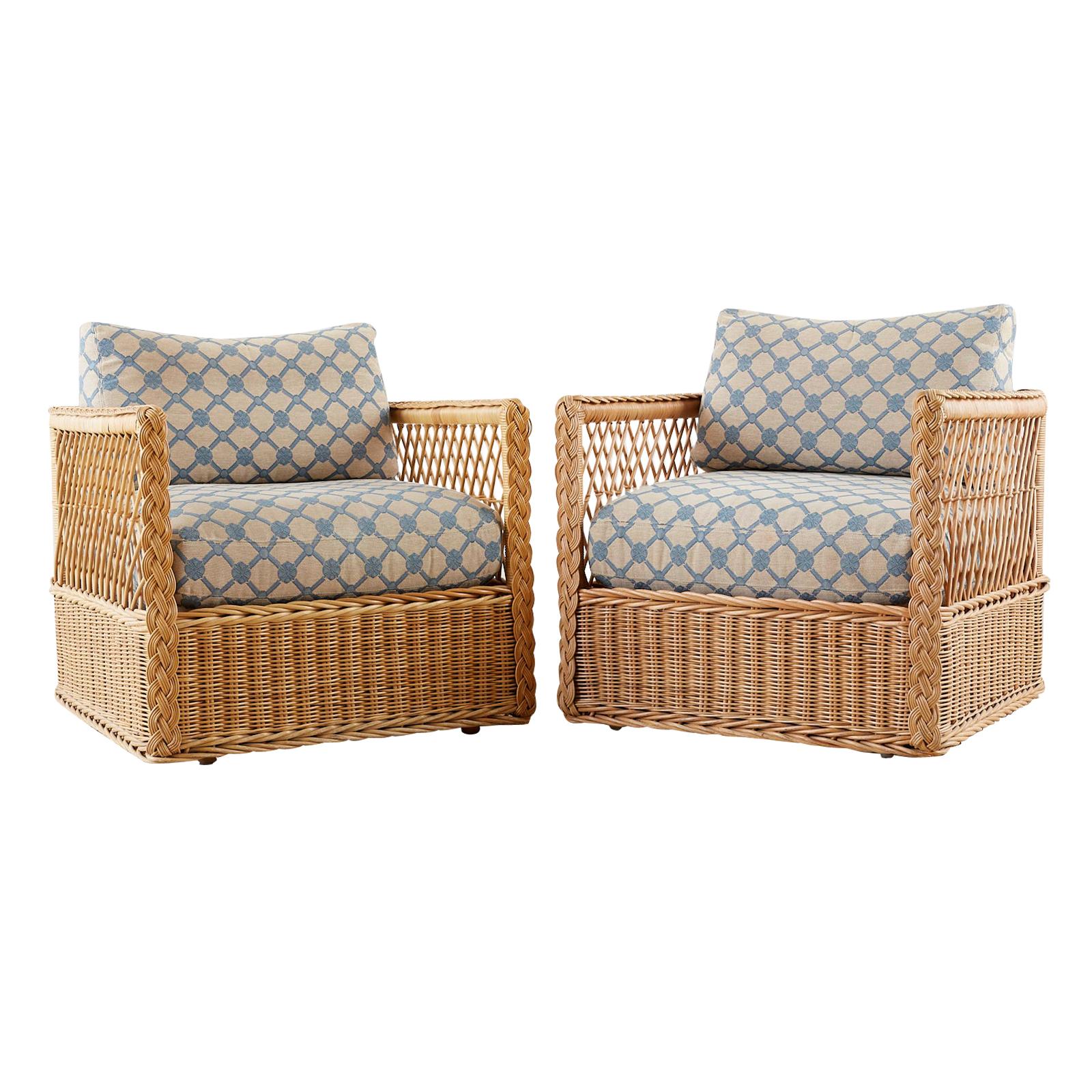 Pair of McGuire Rattan Wicker Lounge Chairs with Ottoman