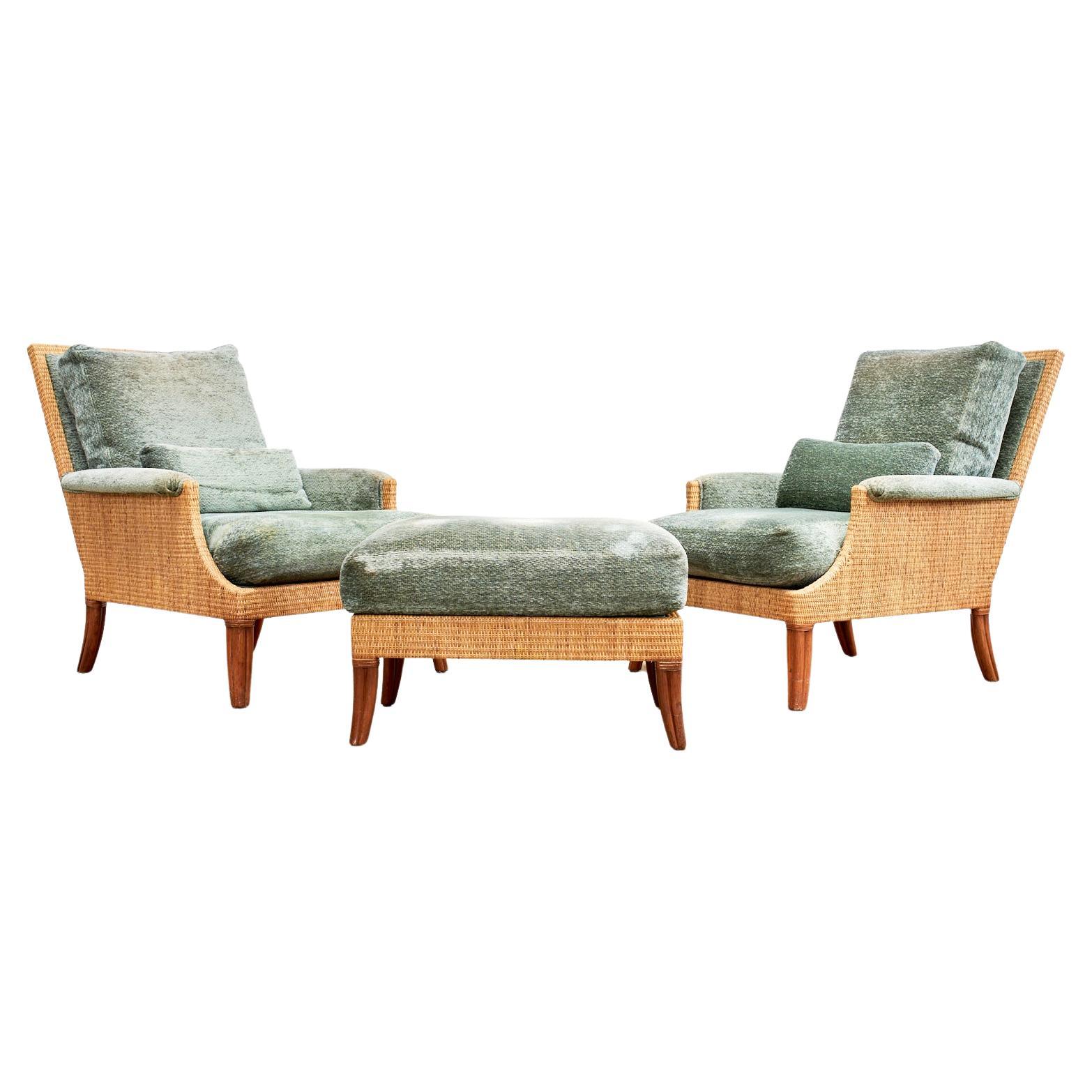 Pair of McGuire Rattan Wicker Umbria Lounge Chairs with Ottoman