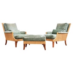 Pair of McGuire Rattan Wicker Umbria Lounge Chairs with Ottoman