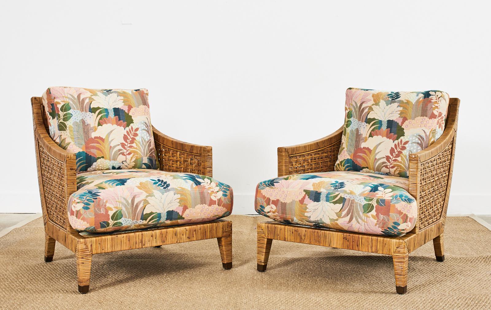 Hand-Crafted Pair of McGuire St. Germain Woven Rattan Cane Lounge Chairs