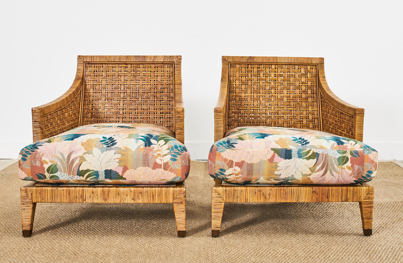 Contemporary Pair of McGuire St. Germain Woven Rattan Cane Lounge Chairs