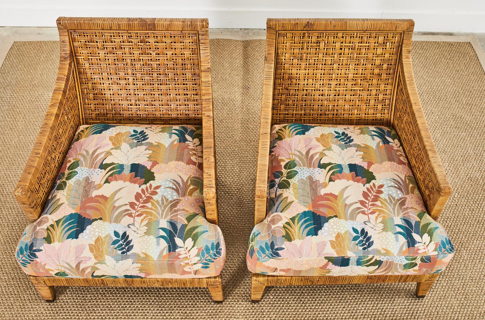 Brass Pair of McGuire St. Germain Woven Rattan Cane Lounge Chairs