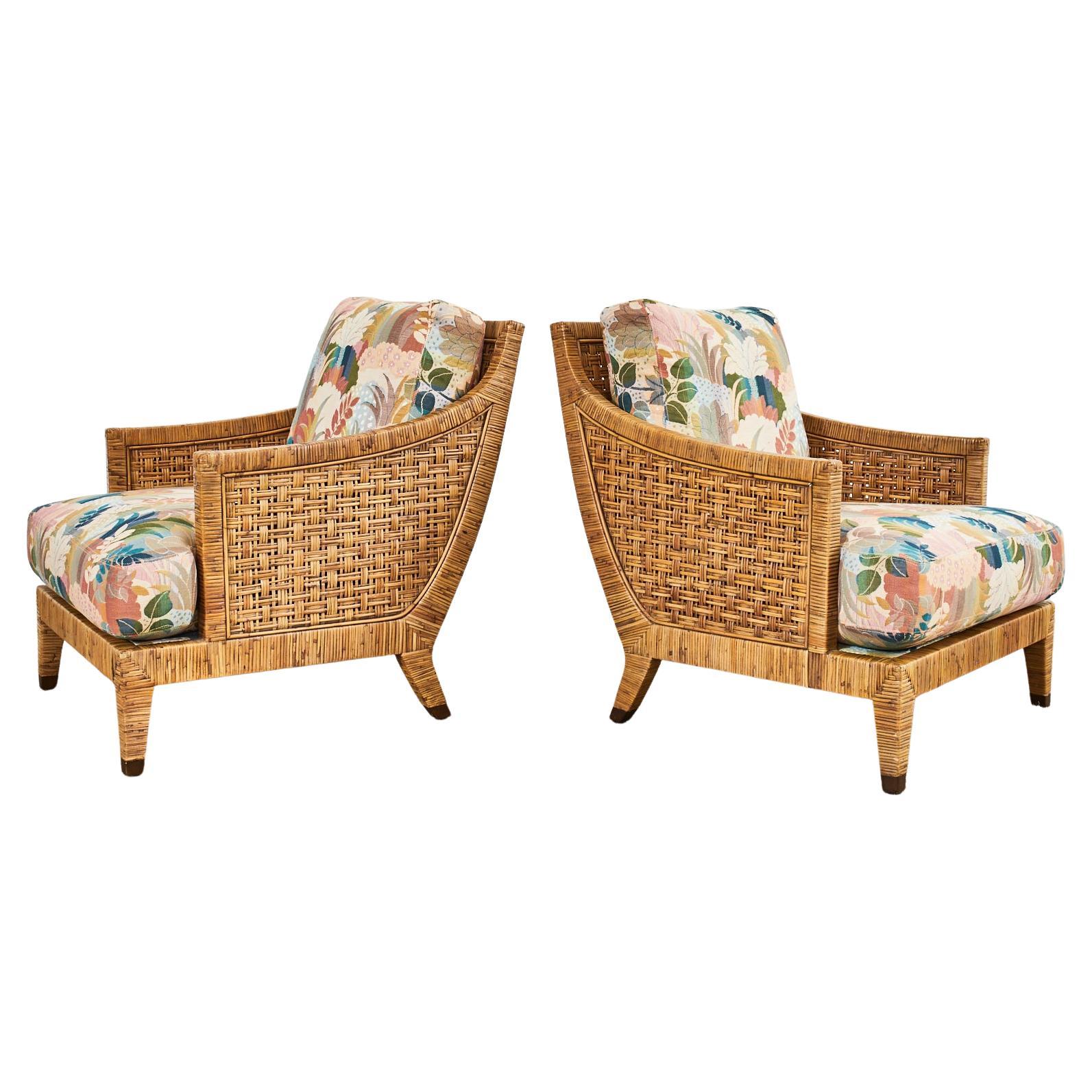 Pair of McGuire St. Germain Woven Rattan Cane Lounge Chairs