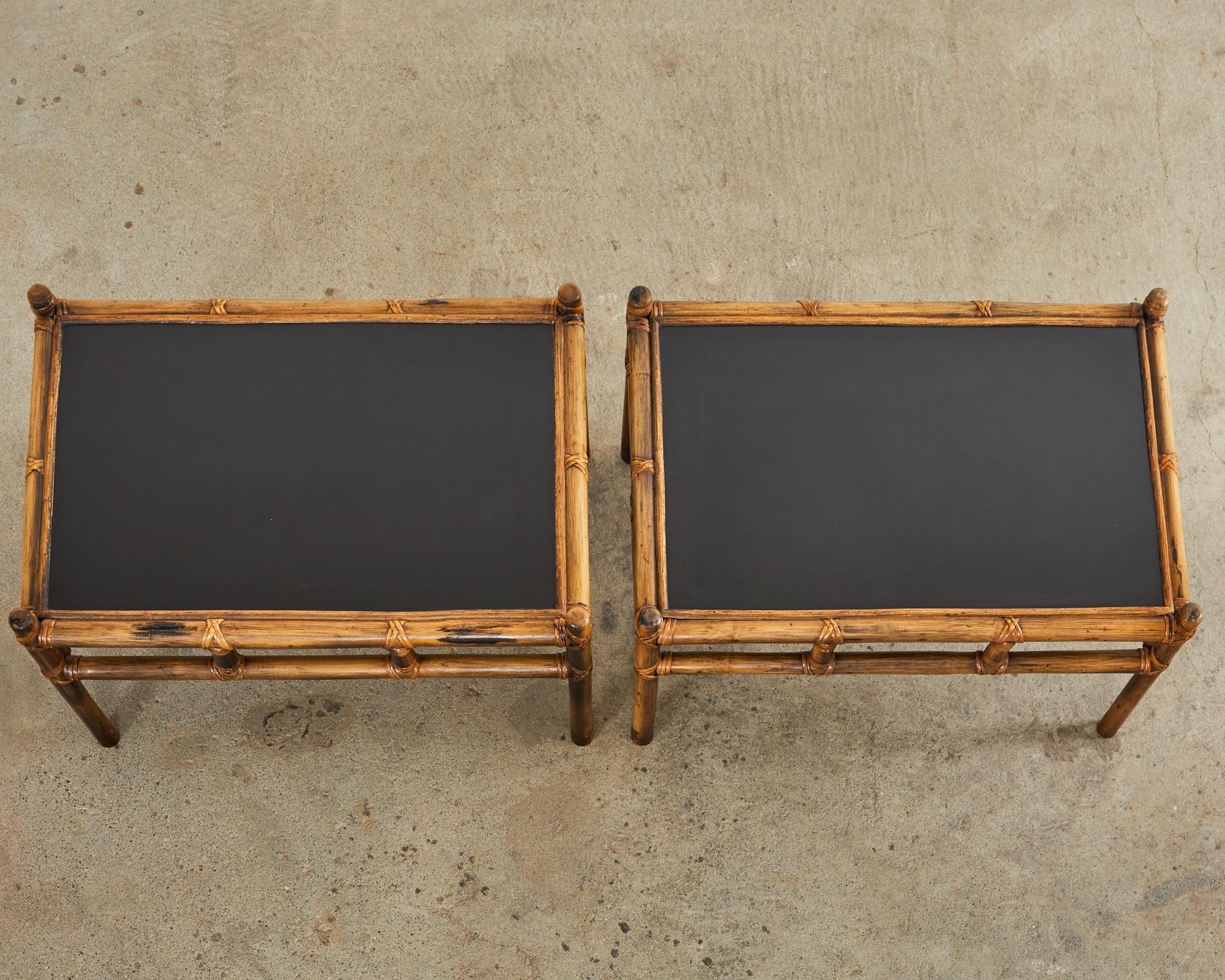 Ebonized Pair of McGuire Style Low Rattan Coffee Cocktail Tables