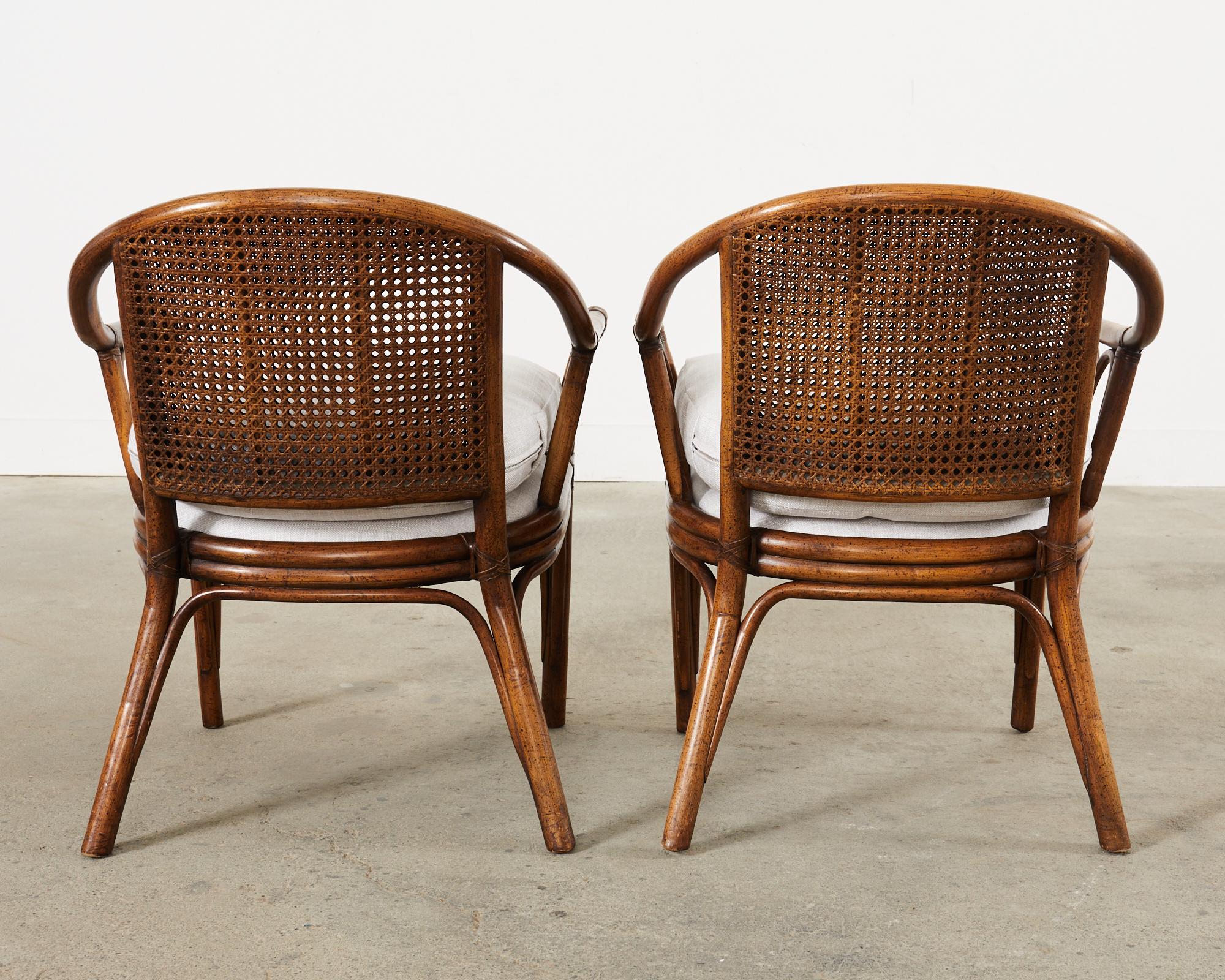 Pair of McGuire Style Rattan Cane Barrel Back Armchairs For Sale 1