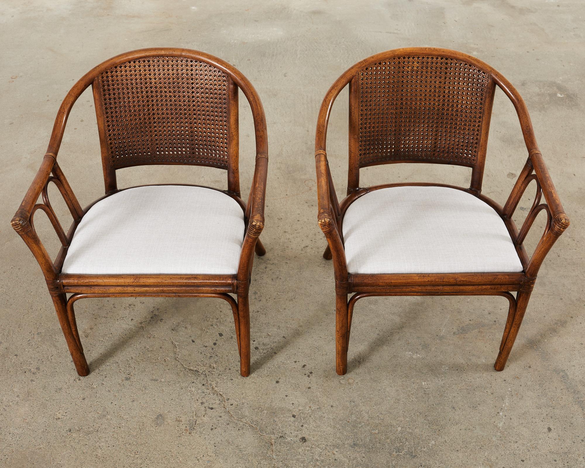 Pair of McGuire Style Rattan Cane Barrel Back Armchairs For Sale 2