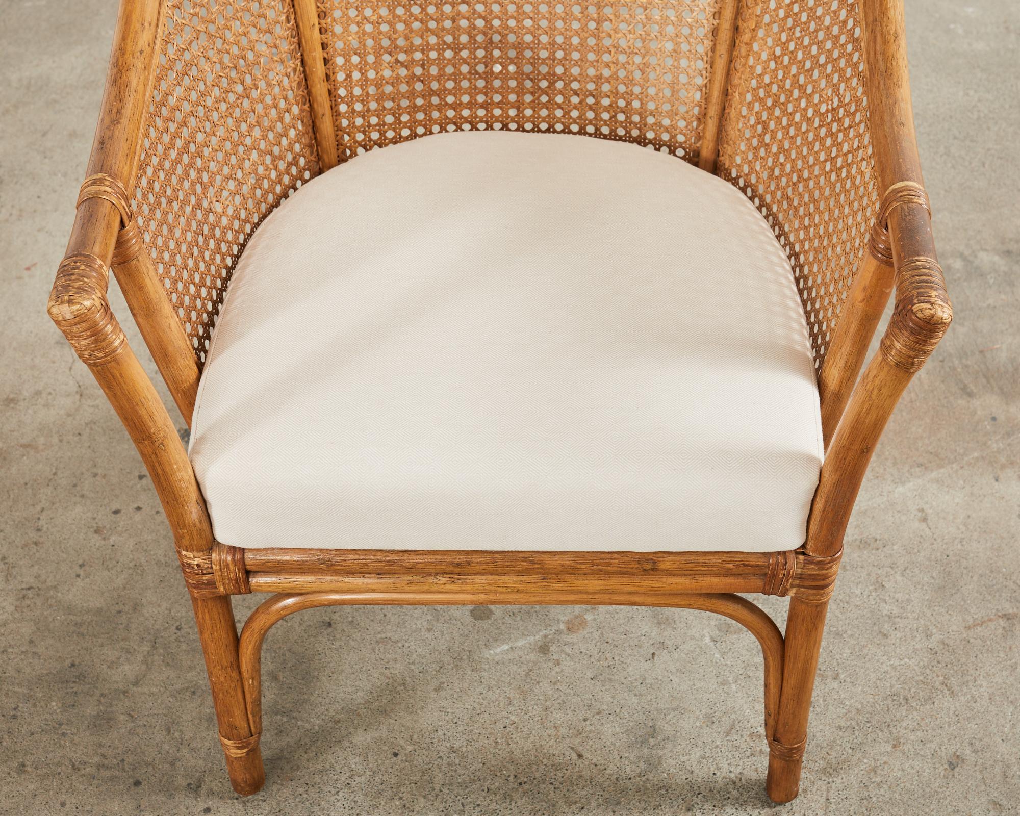 Pair of McGuire Style Rattan Cane Barrel Back Armchairs For Sale 5