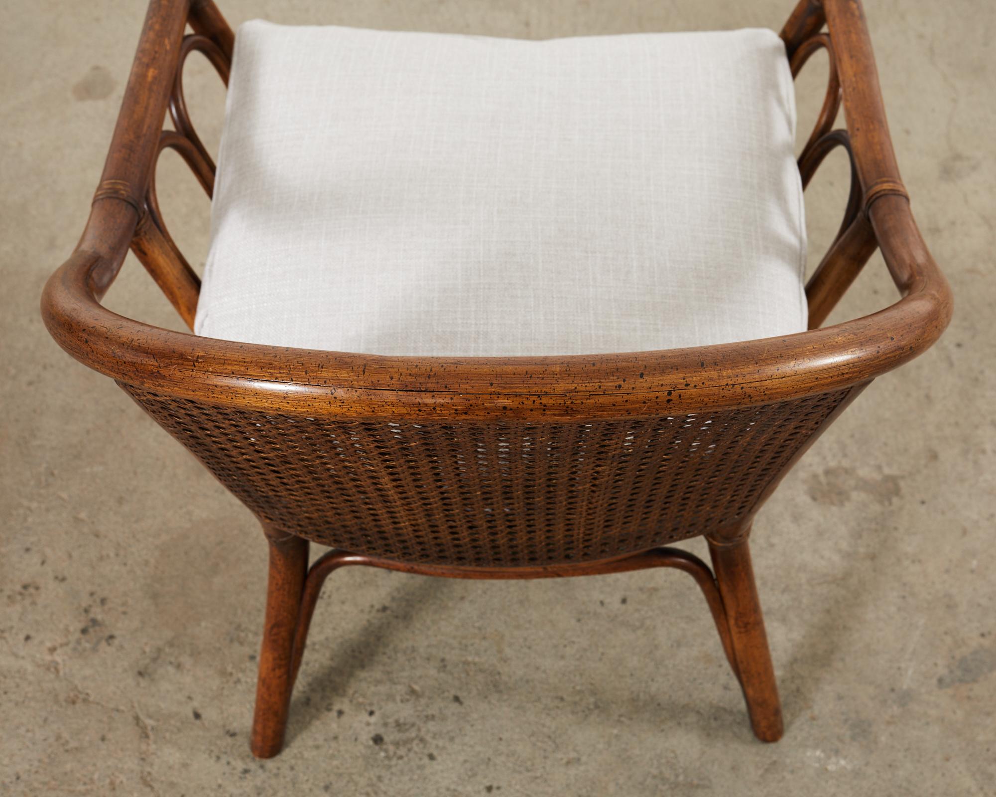 Pair of McGuire Style Rattan Cane Barrel Back Armchairs For Sale 8