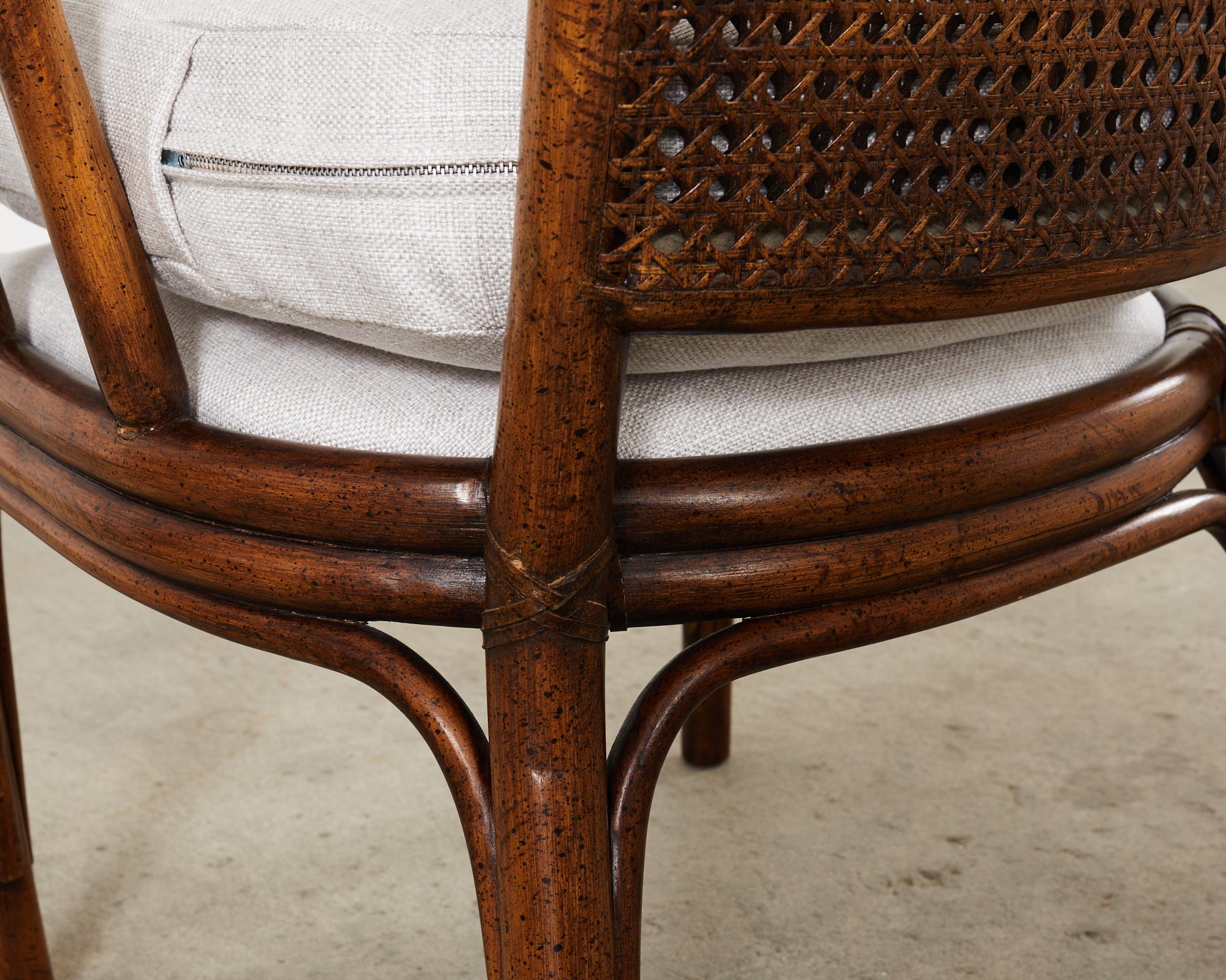 Pair of McGuire Style Rattan Cane Barrel Back Armchairs For Sale 9