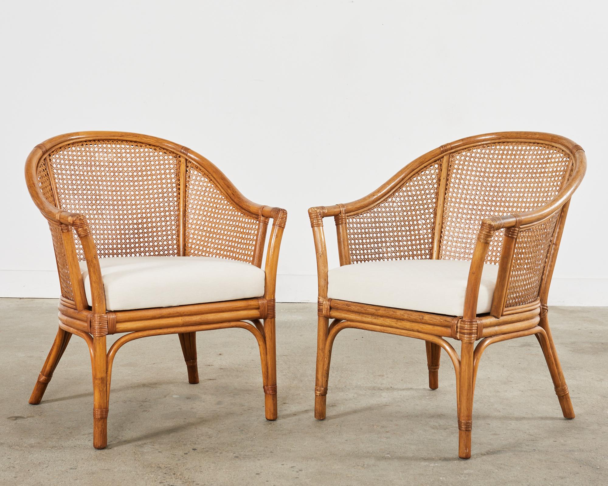 Organic Modern Pair of McGuire Style Rattan Cane Barrel Back Armchairs For Sale