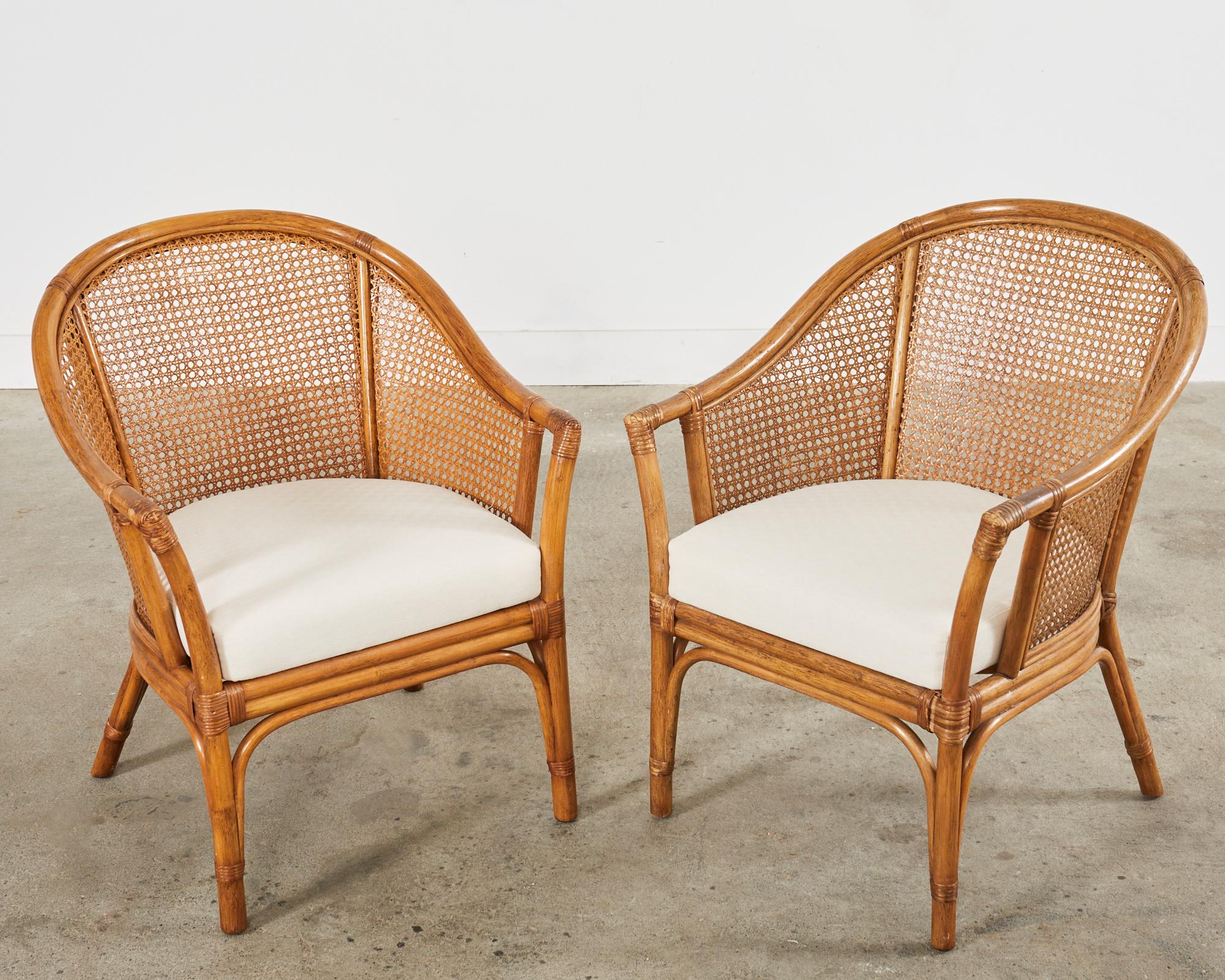 Pair of McGuire Style Rattan Cane Barrel Back Armchairs In Distressed Condition For Sale In Rio Vista, CA