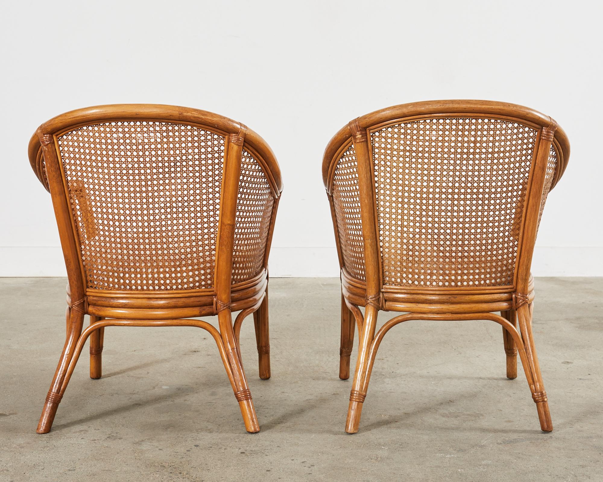 Pair of McGuire Style Rattan Cane Barrel Back Armchairs For Sale 1