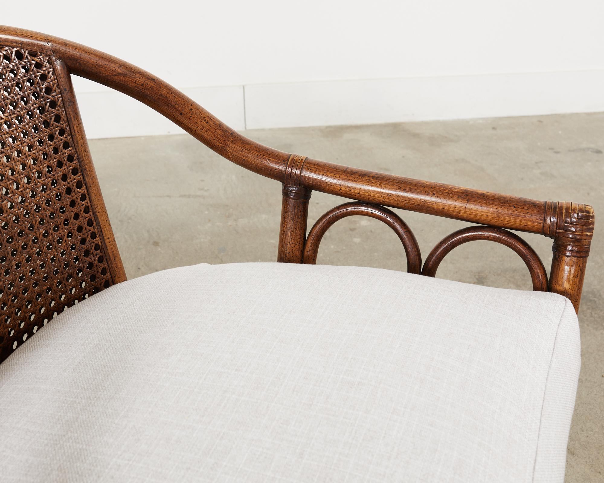 20th Century Pair of McGuire Style Rattan Cane Barrel Back Armchairs For Sale