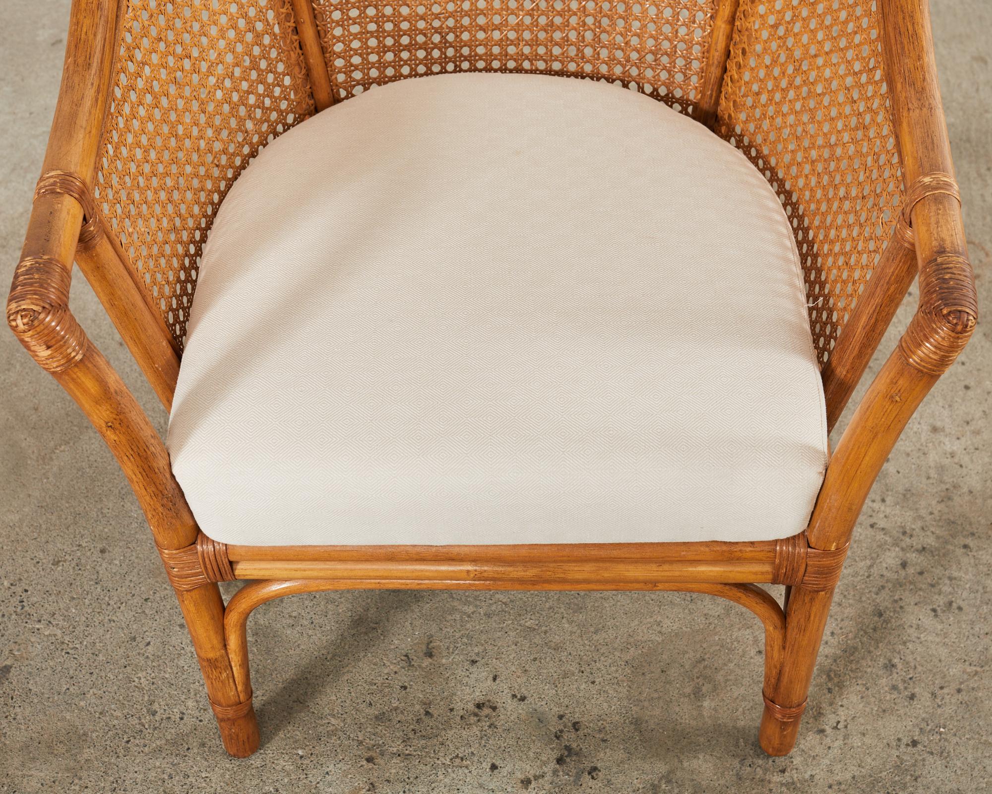 Pair of McGuire Style Rattan Cane Barrel Back Armchairs For Sale 3