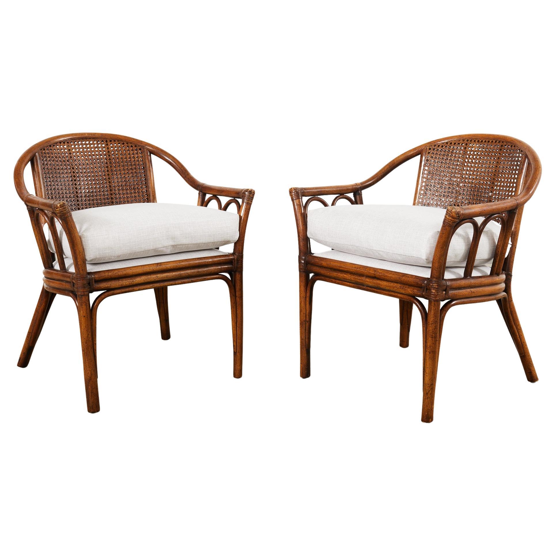 Pair of McGuire Style Rattan Cane Barrel Back Armchairs