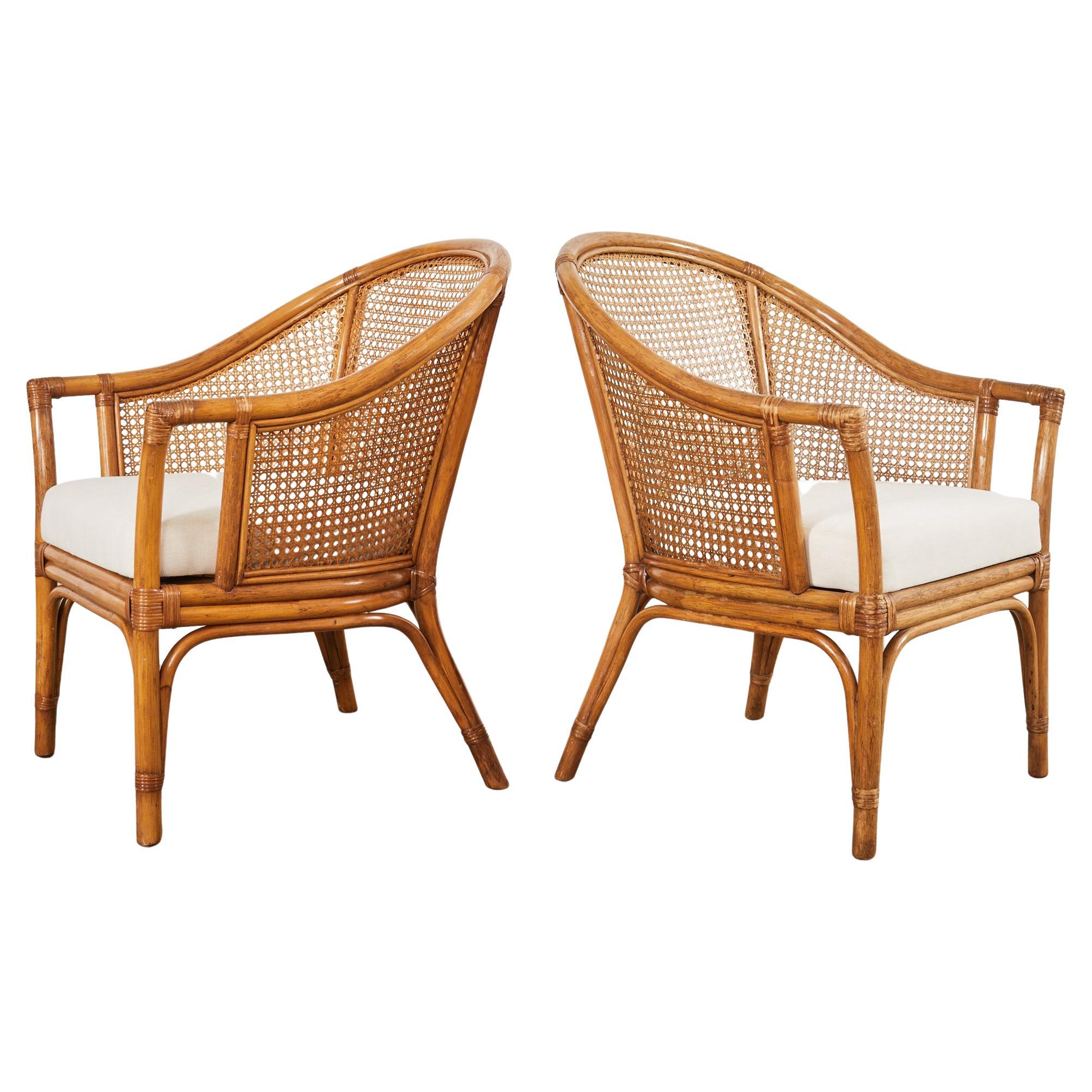 Pair of McGuire Style Rattan Cane Barrel Back Armchairs For Sale