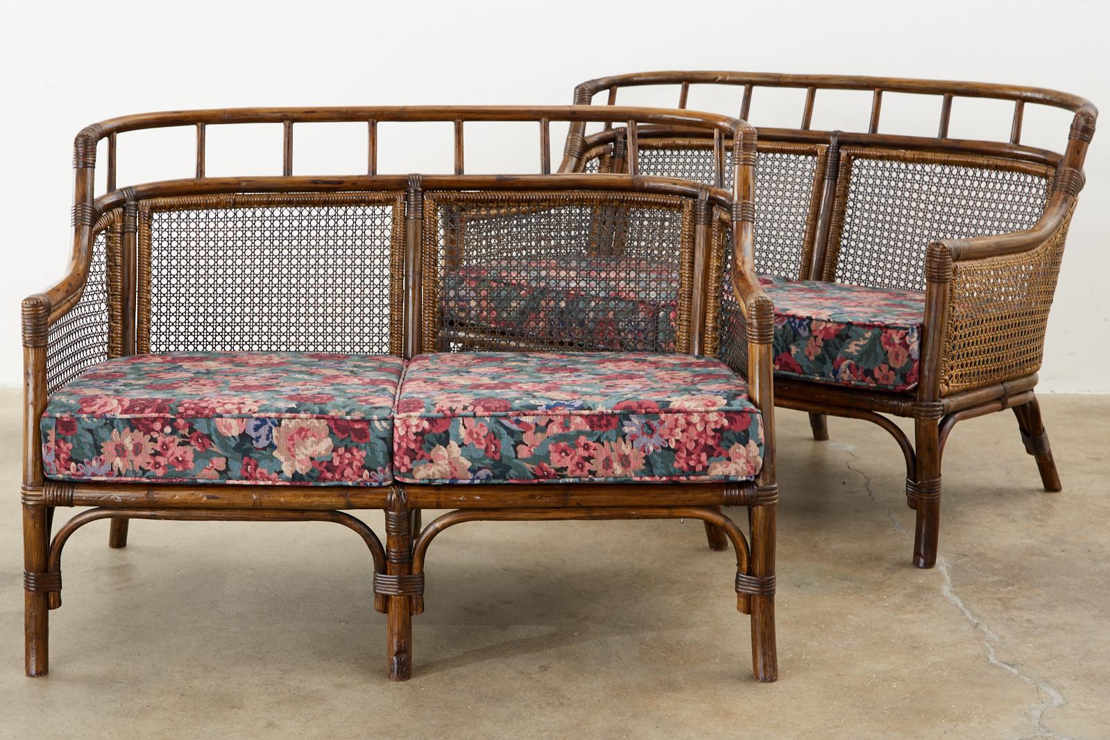 Pair of McGuire Style Rattan Caned Settee Loveseats 5