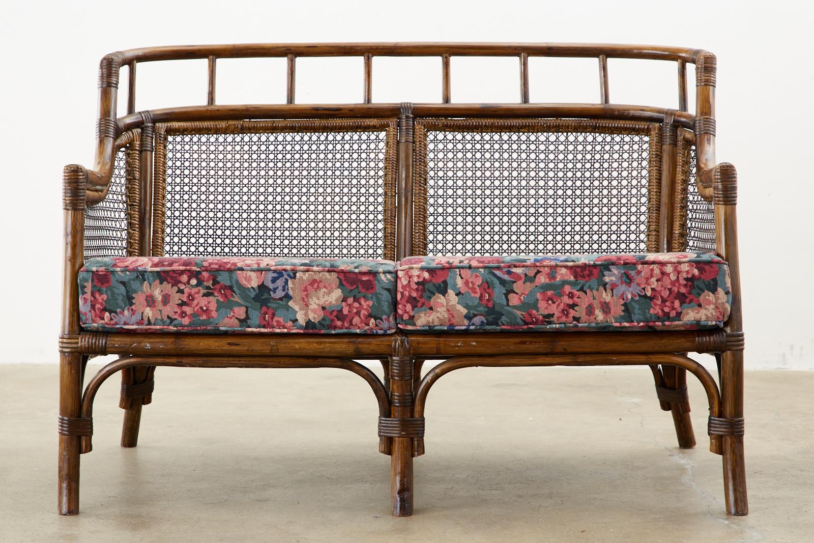 Pair of McGuire Style Rattan Caned Settee Loveseats 7