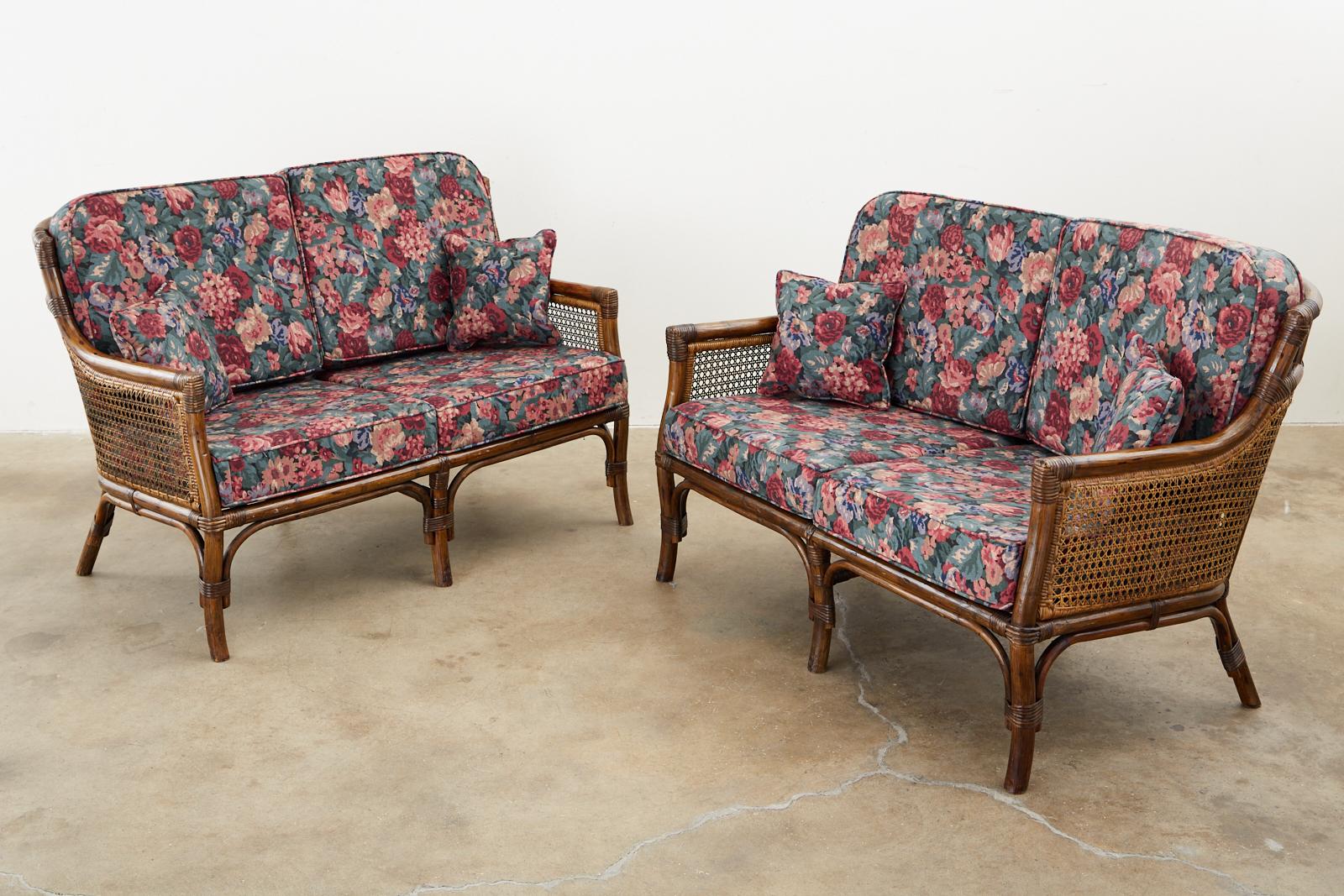 Organic Modern Pair of McGuire Style Rattan Caned Settee Loveseats