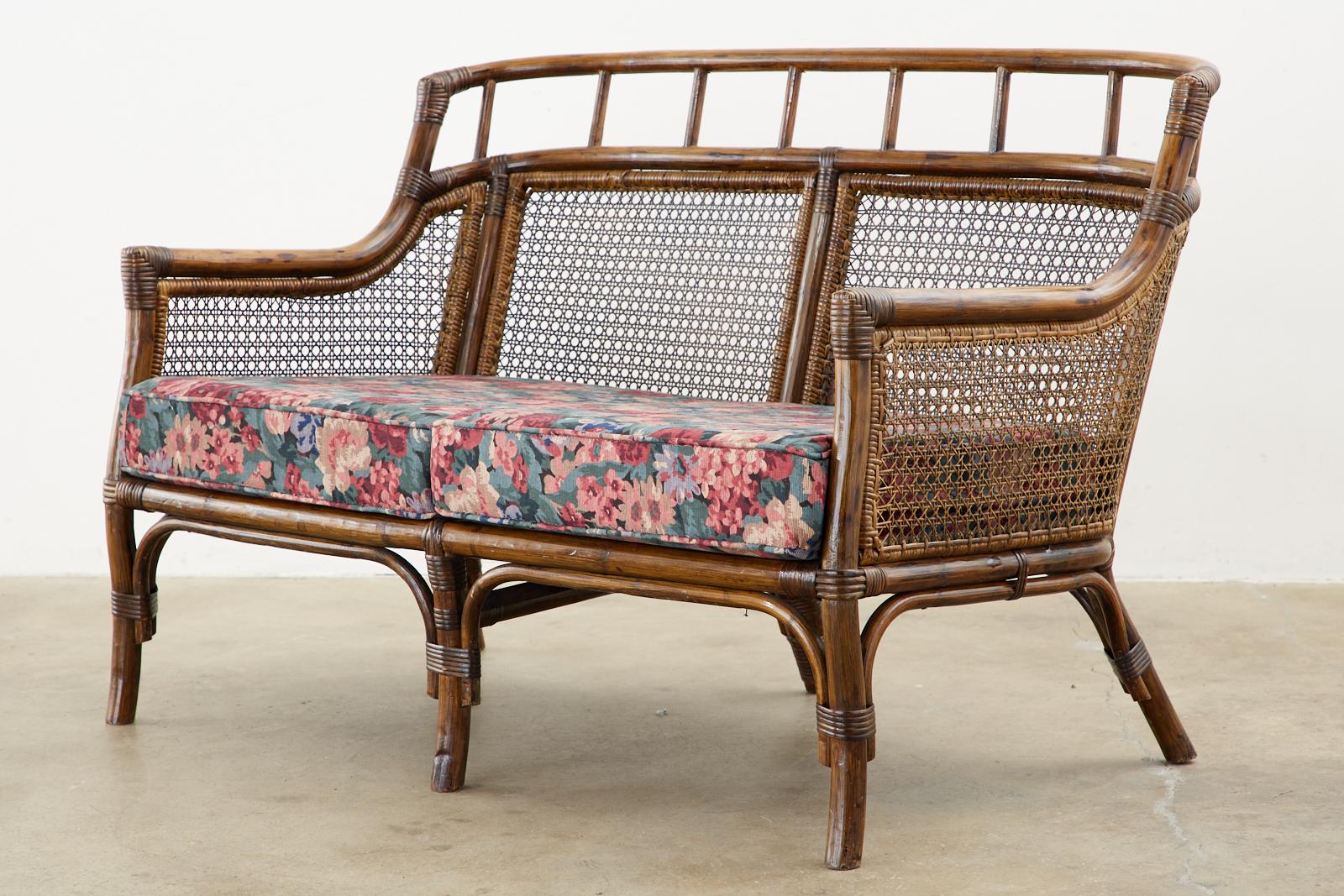 American Pair of McGuire Style Rattan Caned Settee Loveseats