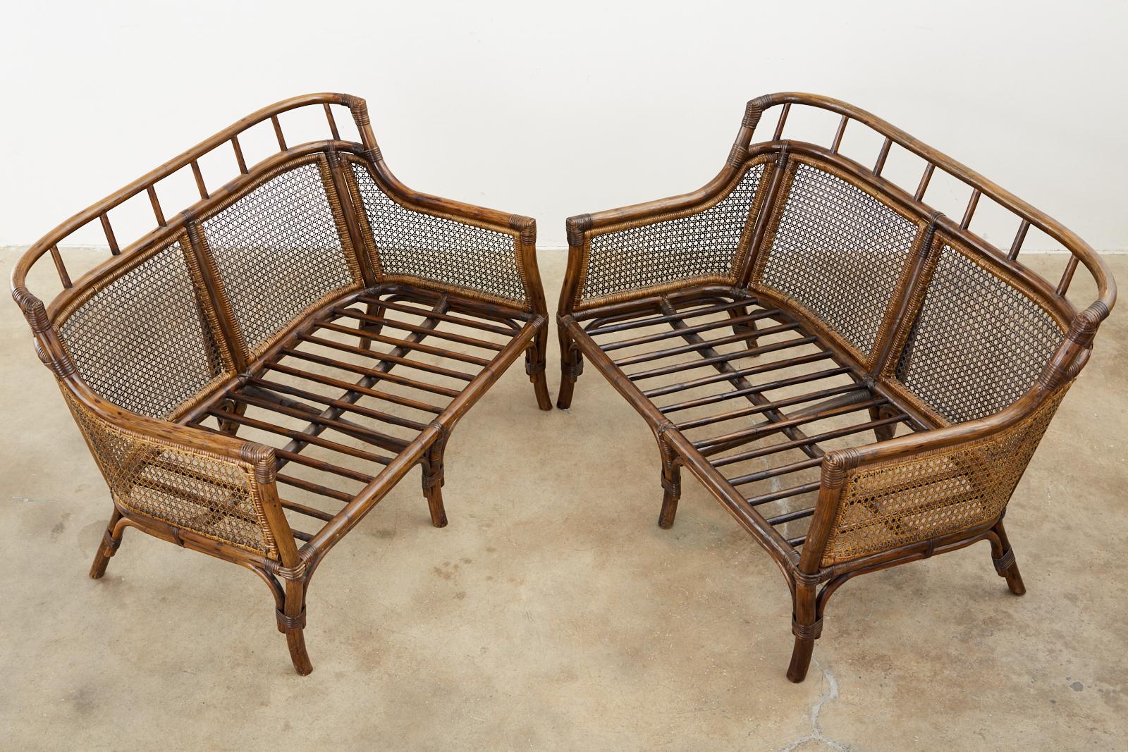 Hand-Crafted Pair of McGuire Style Rattan Caned Settee Loveseats