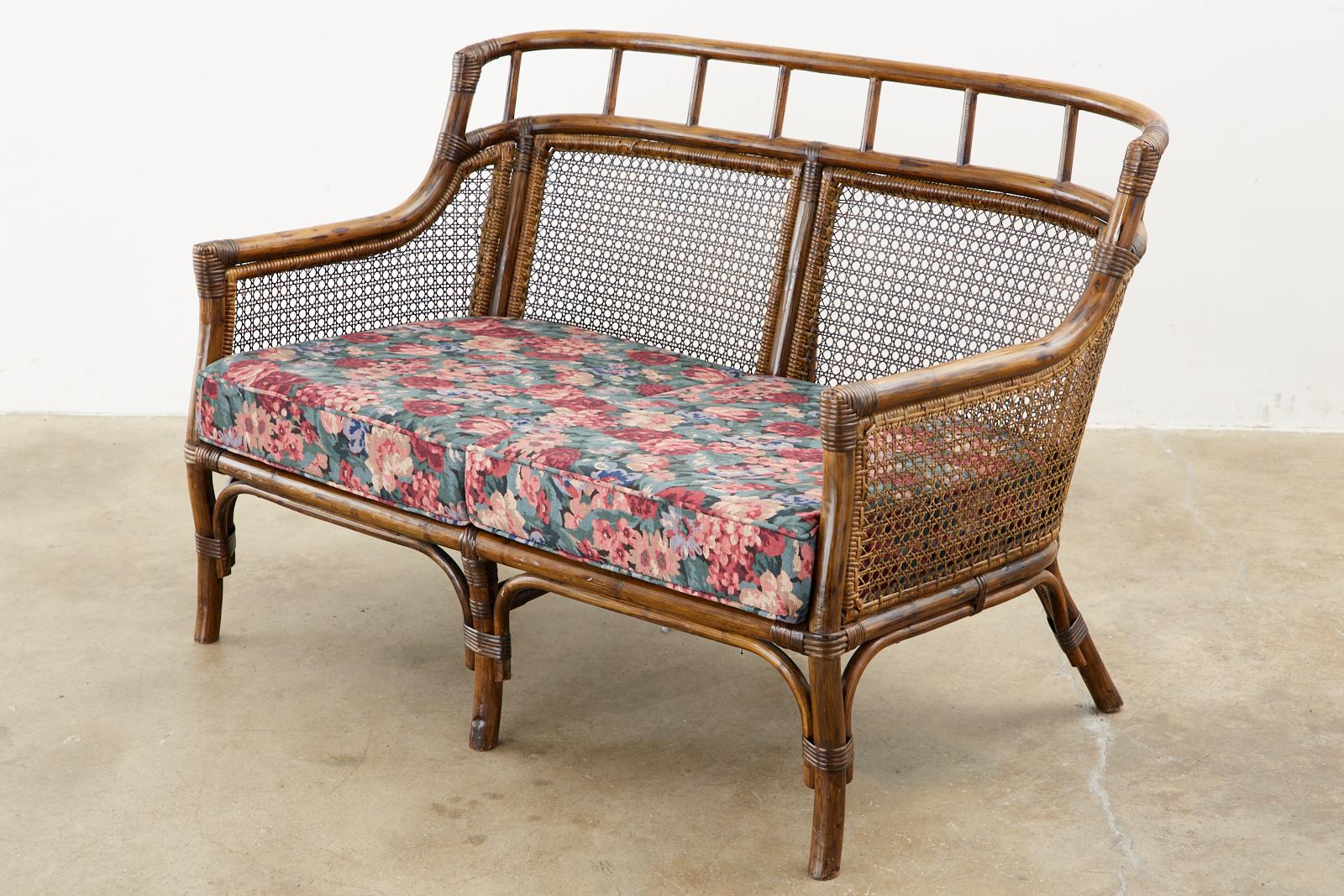 20th Century Pair of McGuire Style Rattan Caned Settee Loveseats